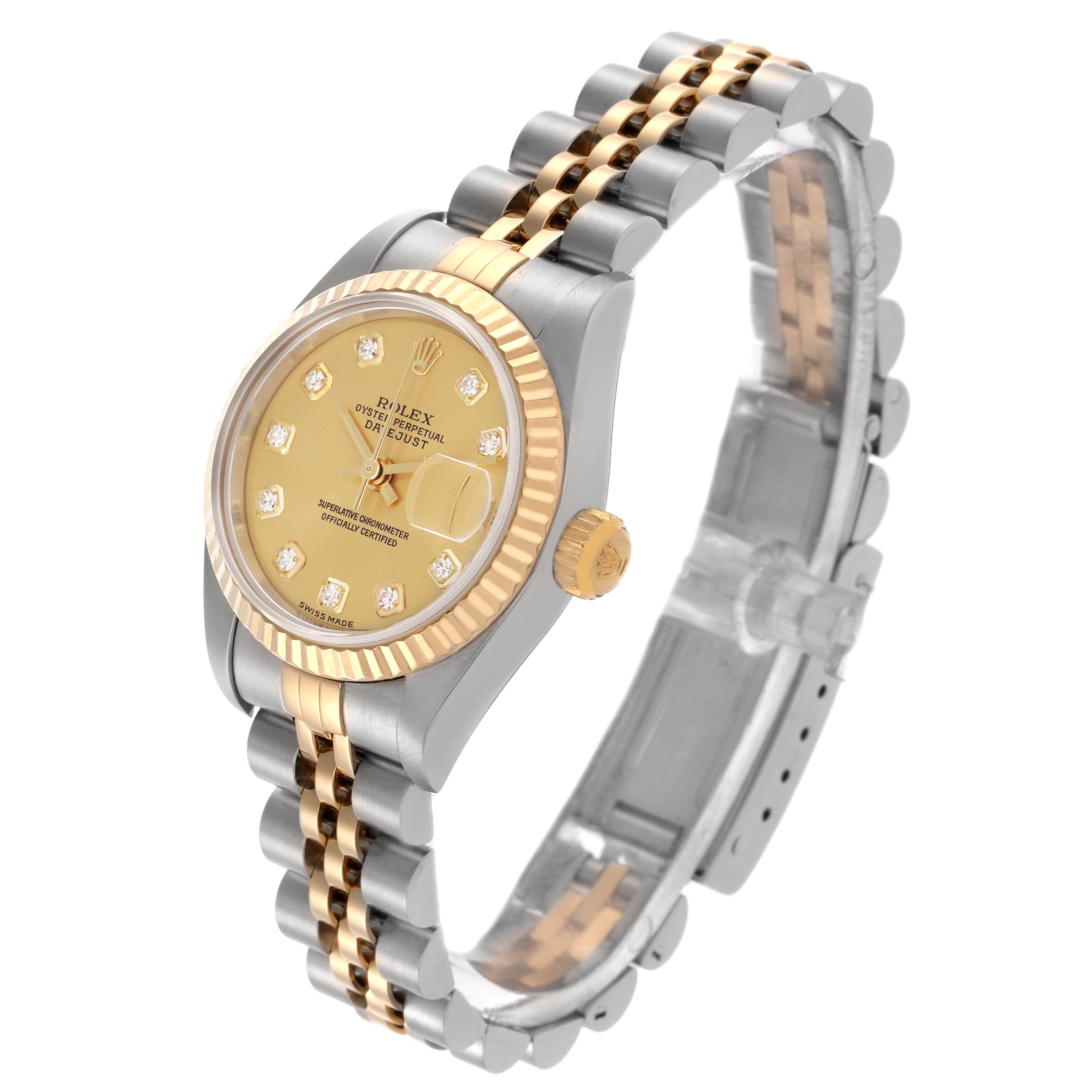 The Rolex Datejust 79173 Women's Steel and Gold (two tone) Champagne Dial 79173 Women's Steel and Gold (two tone) Champagne Dial watch is shown at a slight angle, highlighting the bezel, dial, crown, and bracelet.