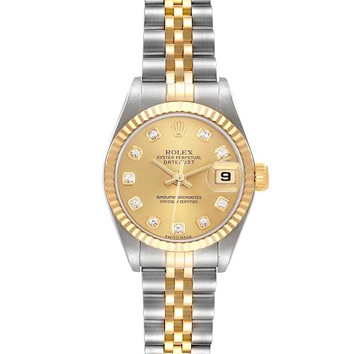 The Rolex Datejust watch is shown from a front angle, displaying its gold dial, bezel, and two-tone bracelet.