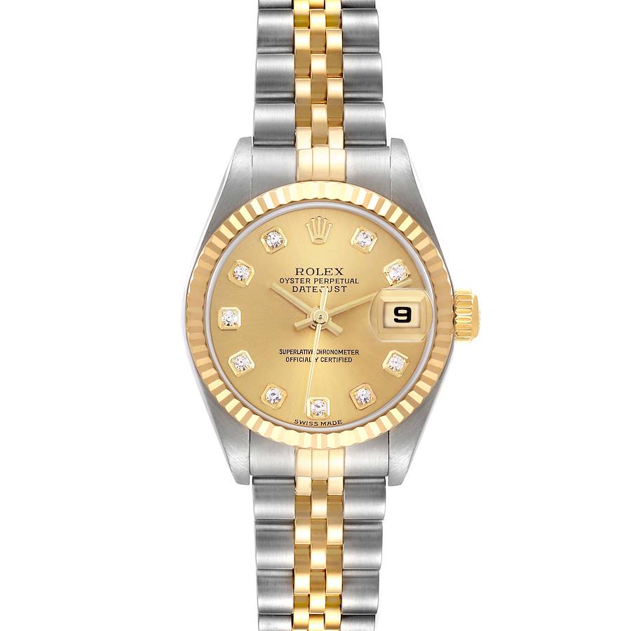 This Rolex Datejust watch is shown from a top-down angle, displaying its gold and silver Jubilee bracelet and diamond-set dial.