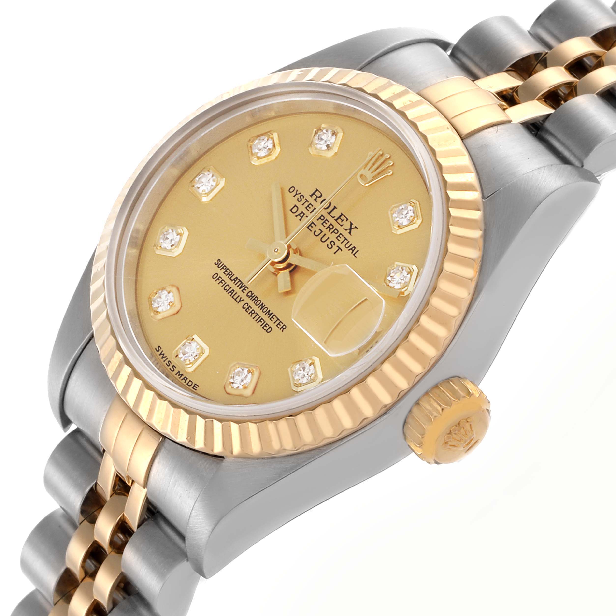 The Rolex Datejust 79173 Women's Steel and Gold (two tone) Champagne Dial 79173 Women's Steel and Gold (two tone) Champagne Dial watch is shown at an angle highlighting the face, bezel, crown, and two-tone bracelet.