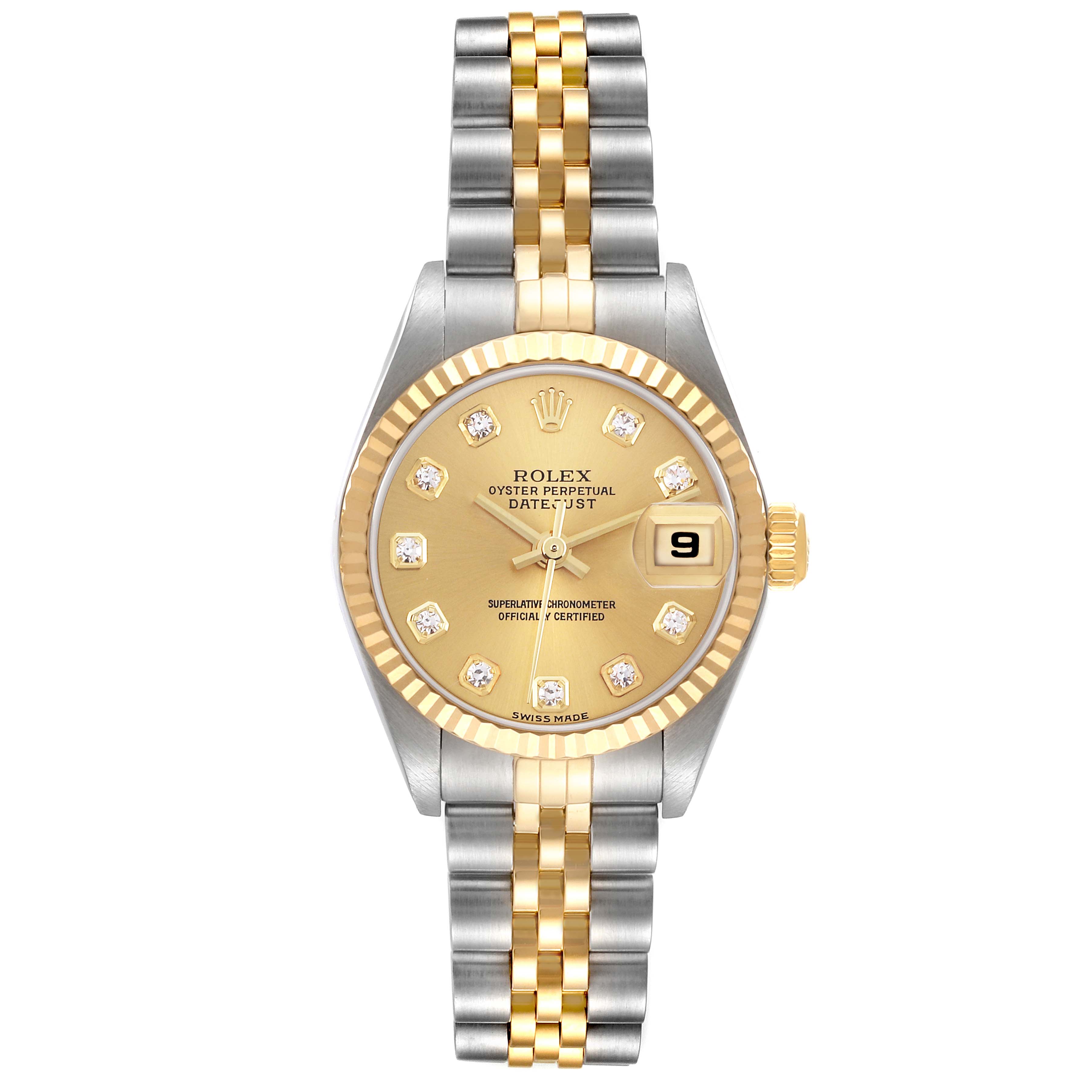 The Rolex Datejust 79173 Women's Steel and Gold (two tone) Champagne Dial 79173 Women's Steel and Gold (two tone) Champagne Dial watch is shown from the front, highlighting the dial, bezel, crown, and two-tone bracelet.