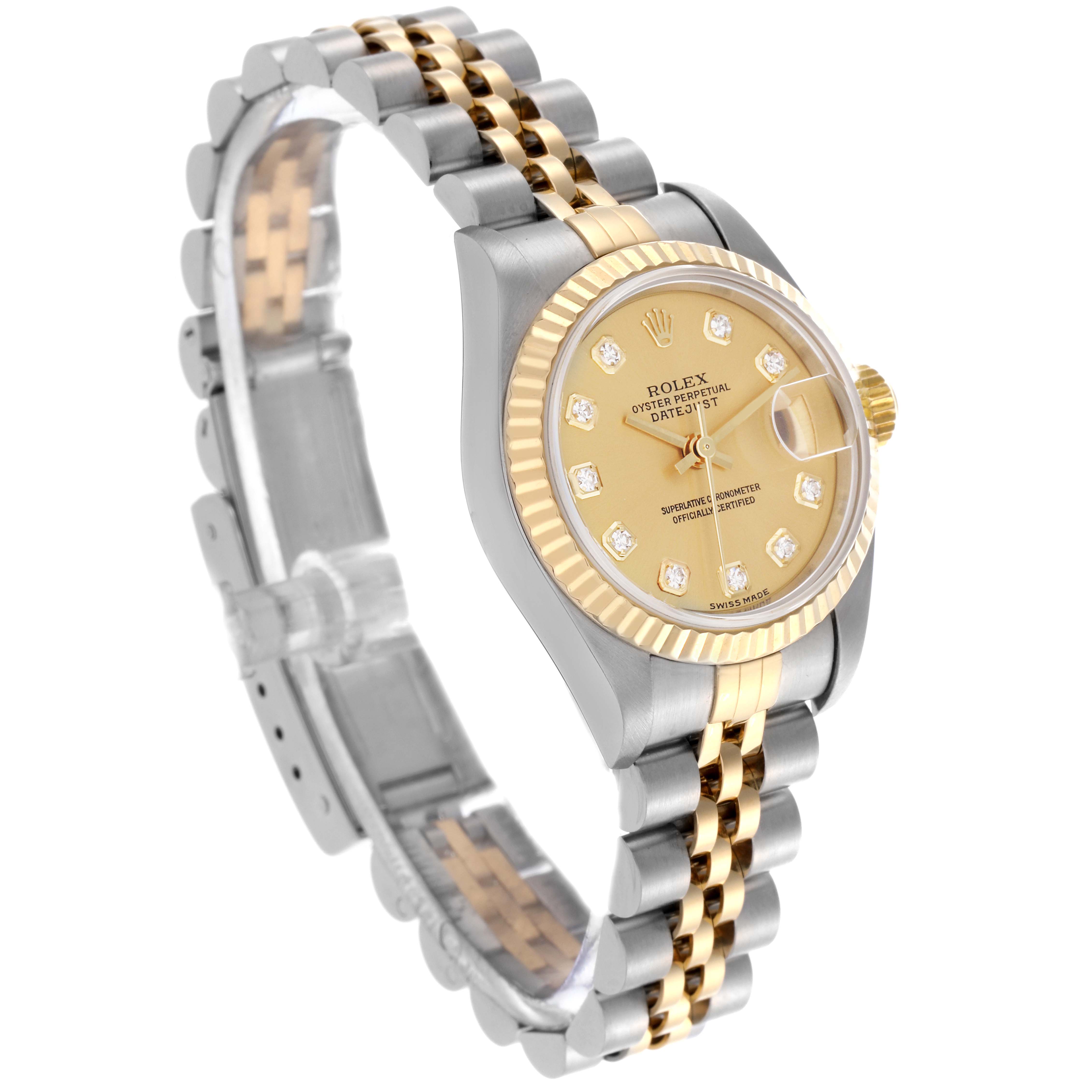 The Rolex Datejust 79173 Women's Steel and Gold (two tone) Champagne Dial 79173 Women's Steel and Gold (two tone) Champagne Dial watch is shown at an angled side view, highlighting the gold and silver jubilee bracelet, fluted bezel, and champagne dial.