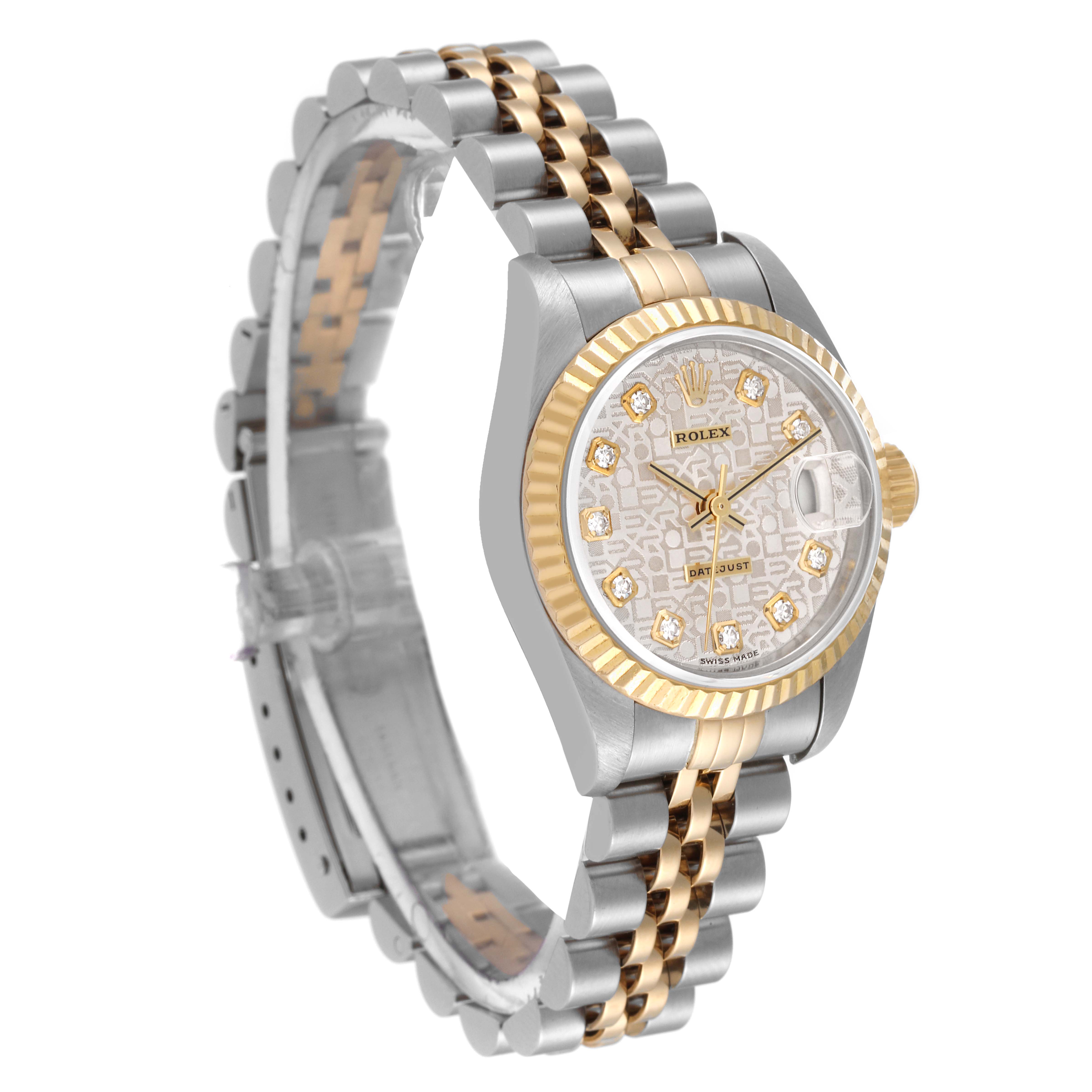 This image features a Rolex Datejust 79173 Women's Steel and Gold (two tone) Silver Dial 79173 Women's Steel and Gold (two tone) Silver Dial watch shown at a three-quarter angle highlighting the face, bezel, and bracelet.