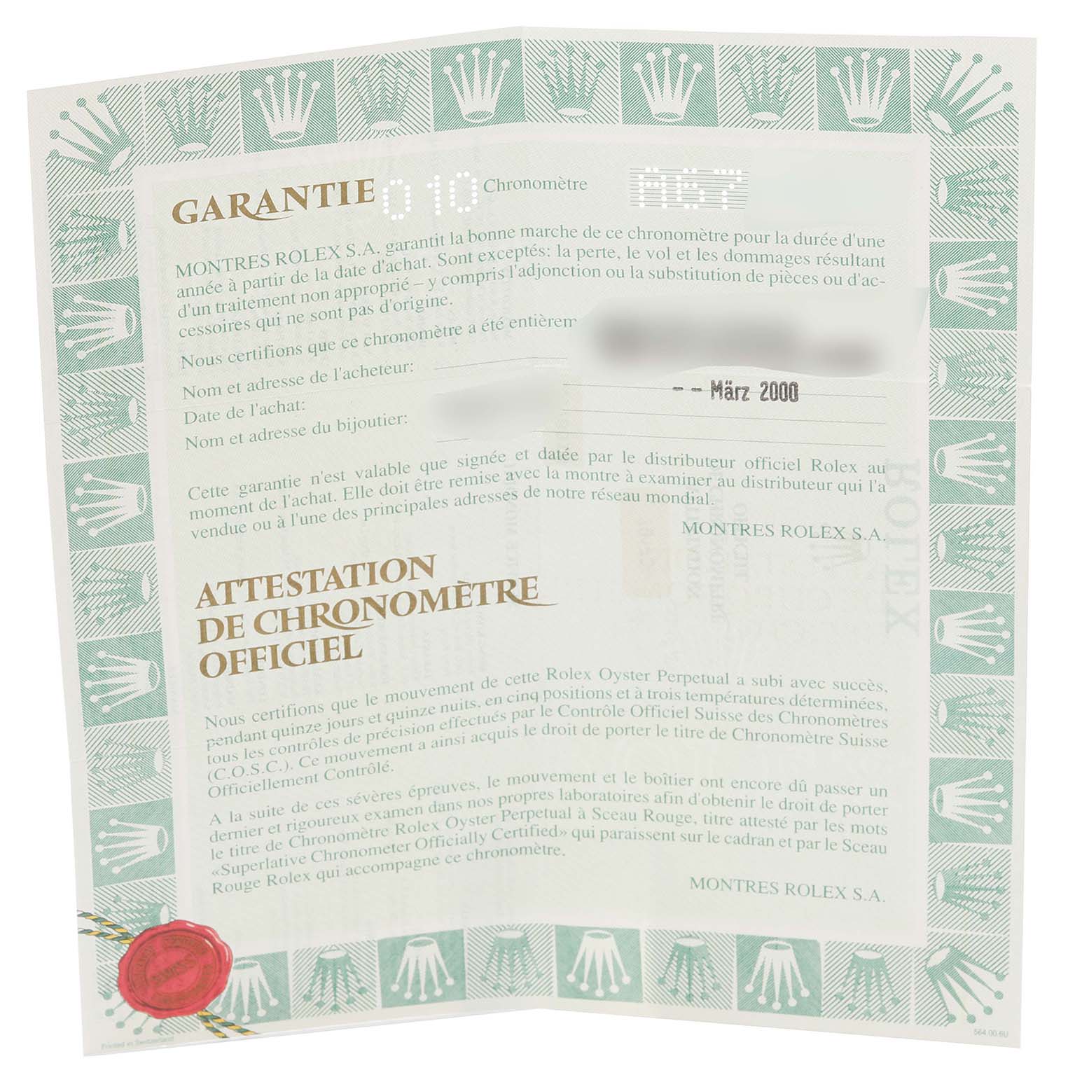 This is a guarantee certificate for a Rolex Datejust 79173 Women's Steel and Gold (two tone) Silver Dial 79173 Women's Steel and Gold (two tone) Silver Dial model, featuring green borders with the Rolex crown logo.