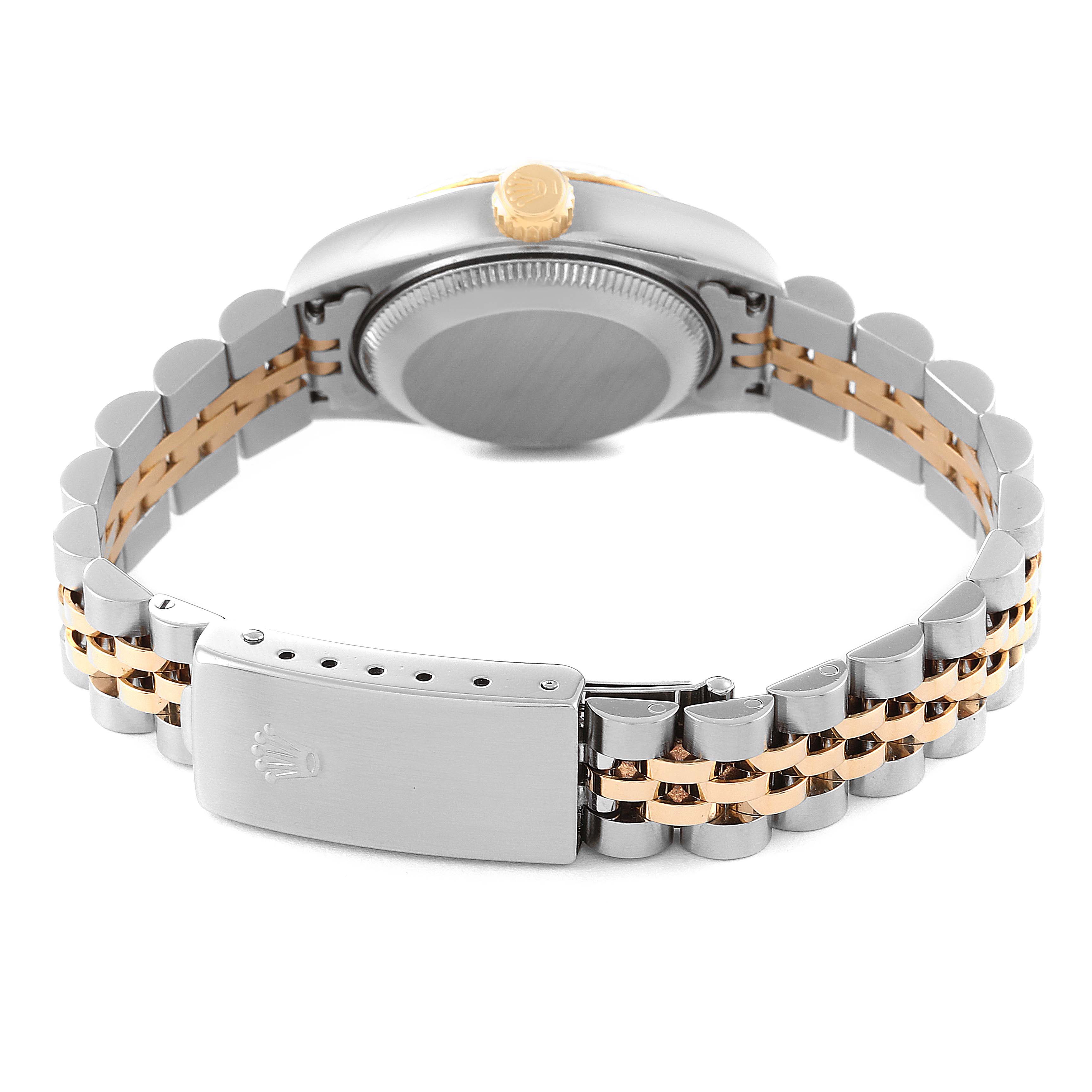 The image shows the back case and bracelet of a Rolex Datejust 79173 Women's Steel and Gold (two tone) Silver Dial 79173 Women's Steel and Gold (two tone) Silver Dial watch with a two-tone metal design.