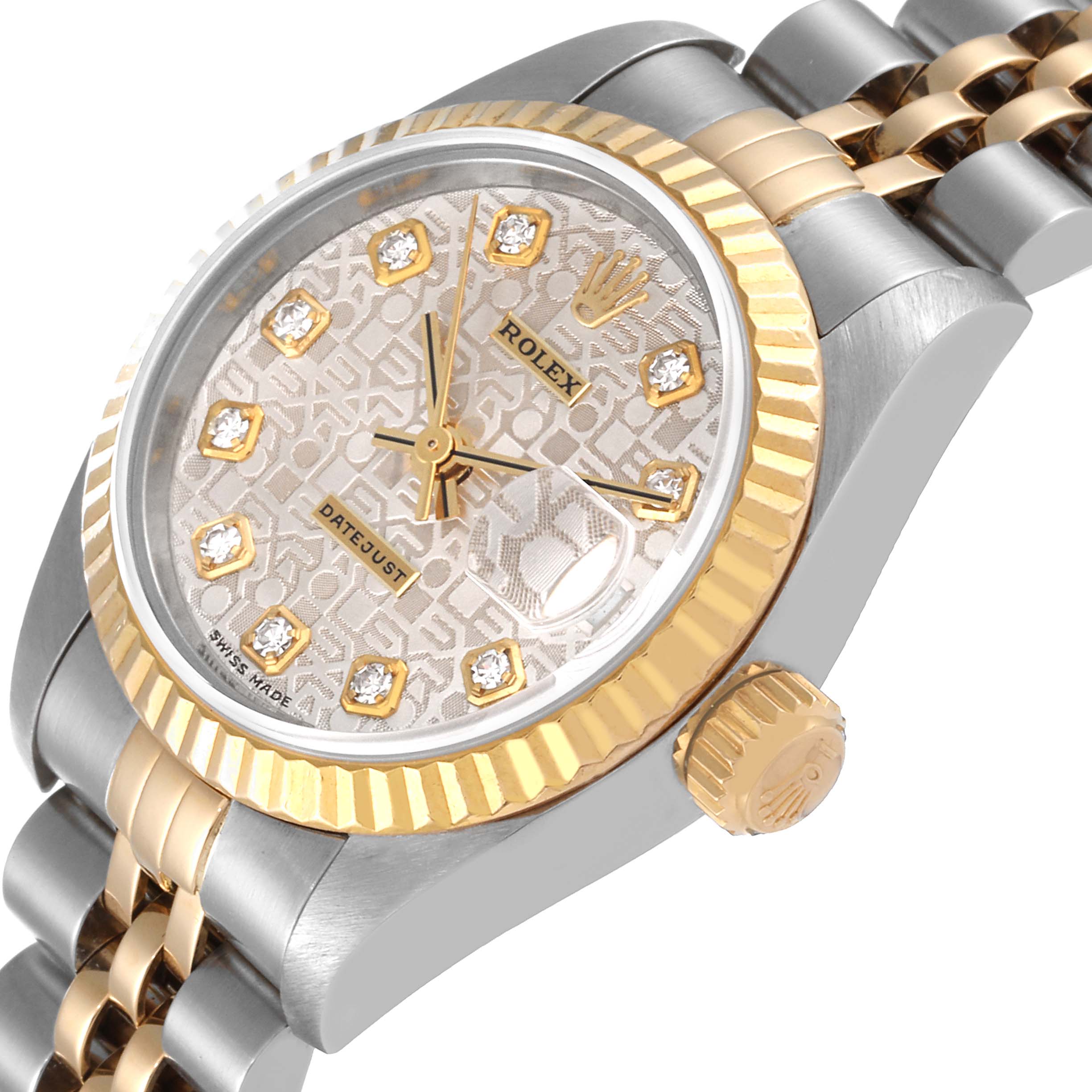 This image shows a close-up angle of a Rolex Datejust 79173 Women's Steel and Gold (two tone) Silver Dial 79173 Women's Steel and Gold (two tone) Silver Dial watch, highlighting the dial, bezel, crown, and part of the bracelet.