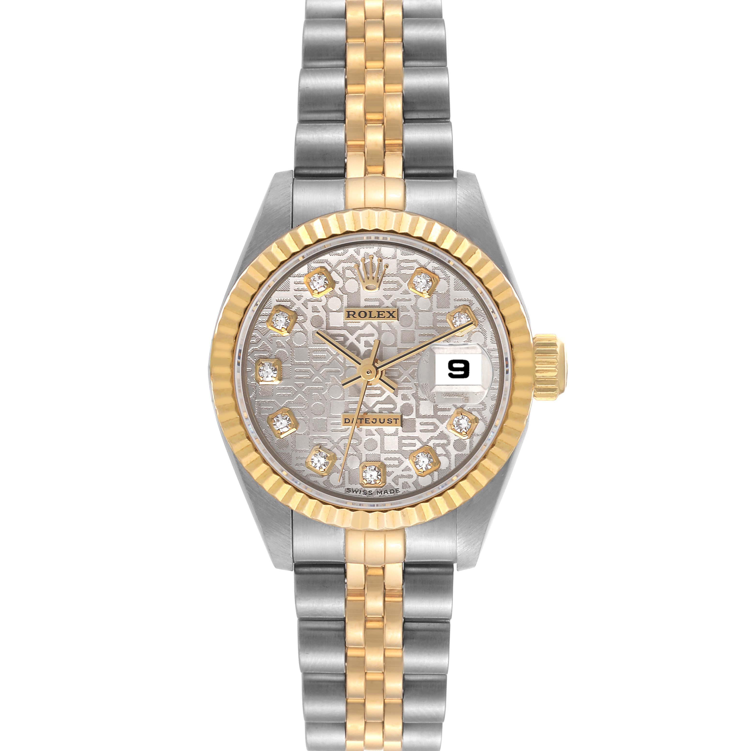 This image shows a Rolex Datejust 79173 Women's Steel and Gold (two tone) Silver Dial 79173 Women's Steel and Gold (two tone) Silver Dial watch, featuring a two-tone bracelet, fluted bezel, and a diamond-studded dial, viewed from the front.
