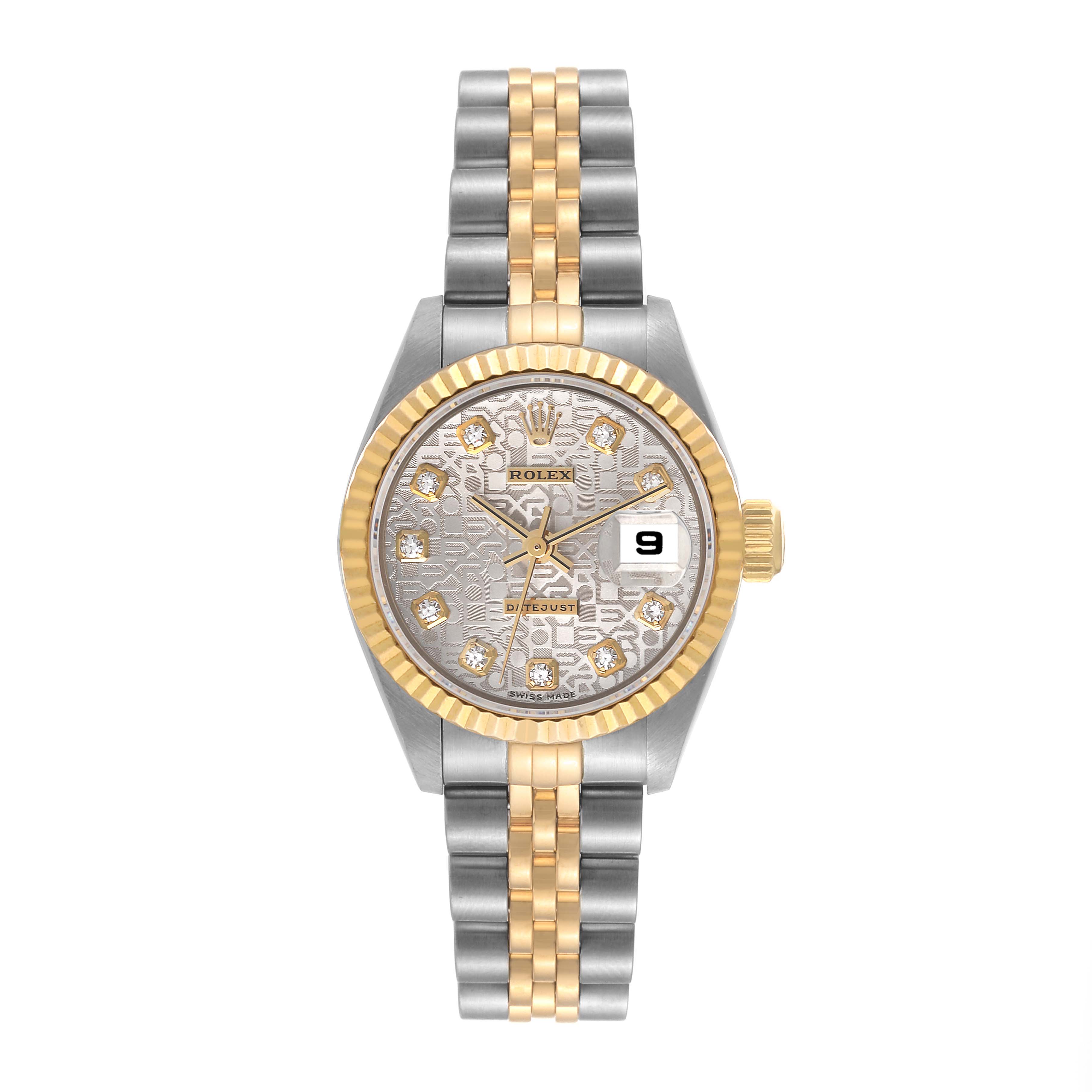 The image shows a front view of a Rolex Datejust 79173 Women's Steel and Gold (two tone) Silver Dial 79173 Women's Steel and Gold (two tone) Silver Dial watch, displaying its face, two-tone band, fluted bezel, and date window.