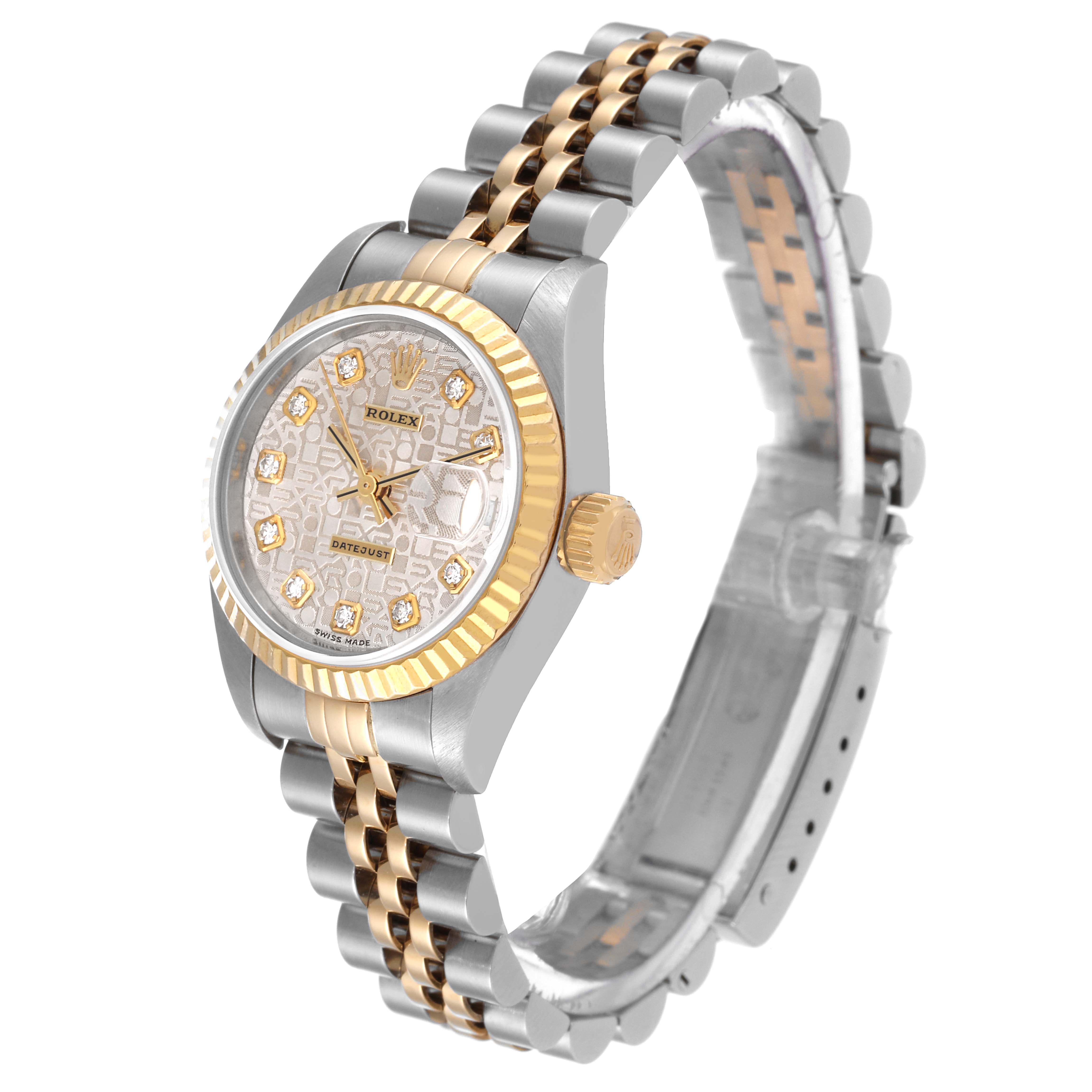 The image shows a Rolex Datejust 79173 Women's Steel and Gold (two tone) Silver Dial 79173 Women's Steel and Gold (two tone) Silver Dial watch at a slight angle, displaying the bezel, dial with diamond hour markers, crown, and two-tone bracelet.