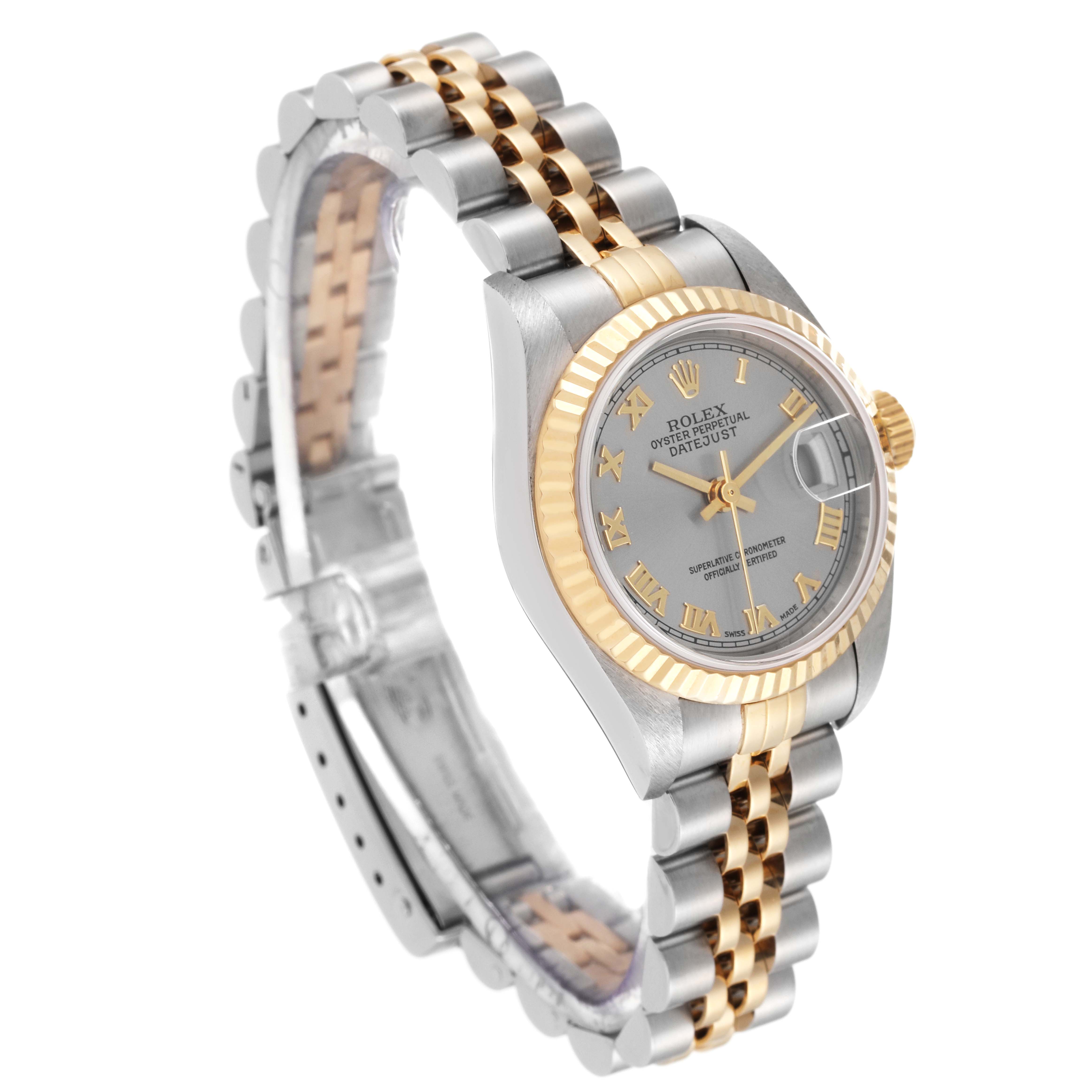 This image shows a Rolex Datejust 79173 Women's Steel and Gold (two tone) Grey Dial 79173 Women's Steel and Gold (two tone) Grey Dial watch at a three-quarter angle, highlighting its face, bezel, and two-tone jubilee bracelet.