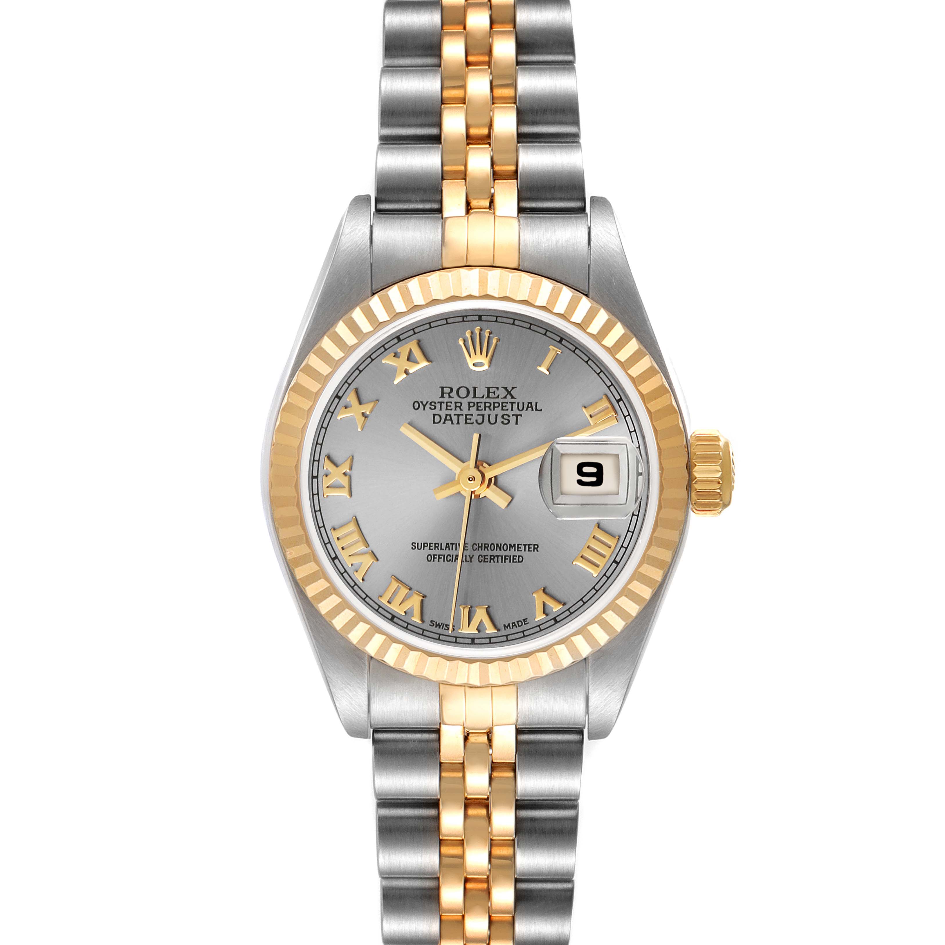 The image shows a Rolex Datejust 79173 Women's Steel and Gold (two tone) Grey Dial 79173 Women's Steel and Gold (two tone) Grey Dial watch from the front, displaying the dial, bezel, crown, and bracelet.
