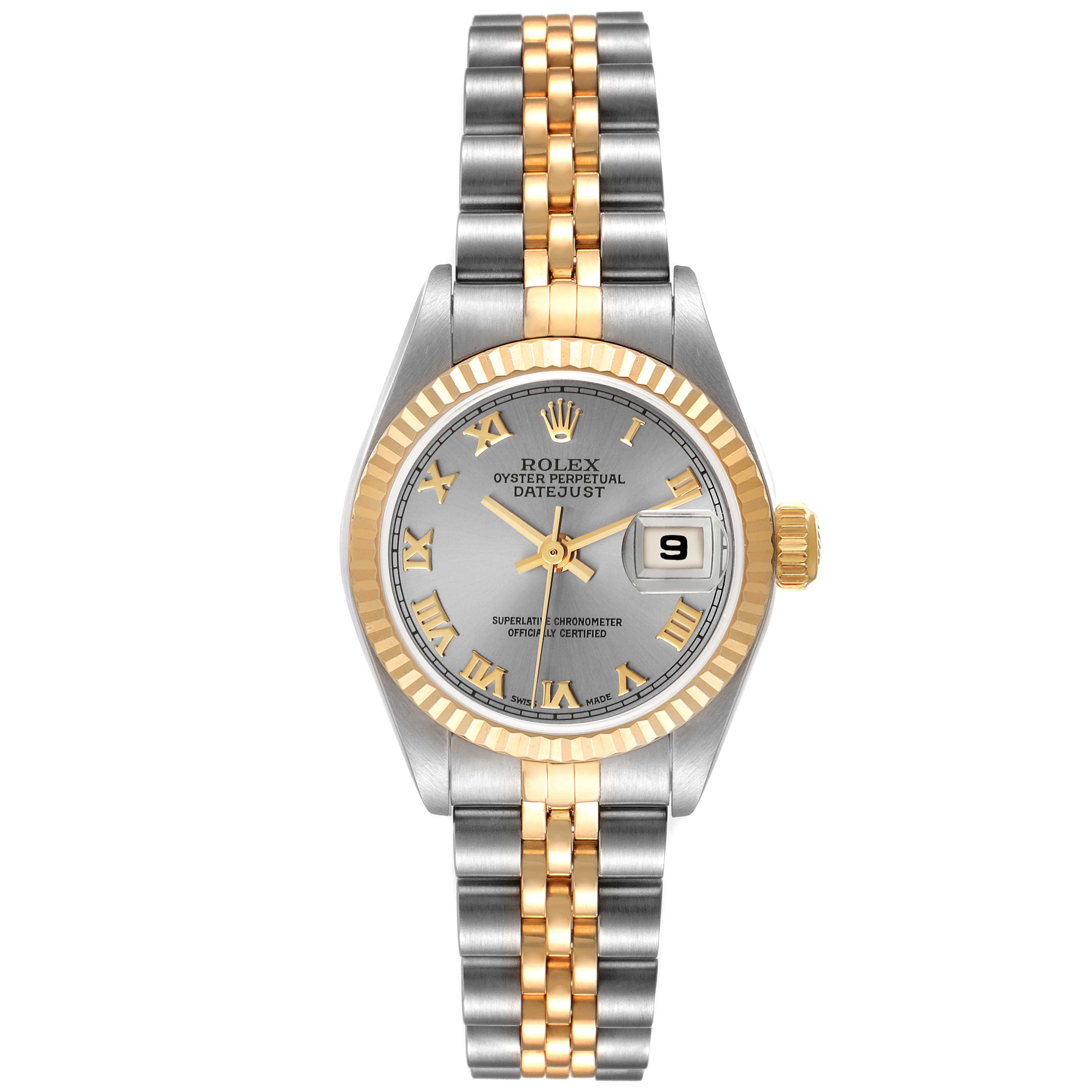 This image shows a Rolex Datejust 79173 Women's Steel and Gold (two tone) Grey Dial 79173 Women's Steel and Gold (two tone) Grey Dial watch with a silver dial, gold fluted bezel, and two-tone bracelet, viewed from the front.