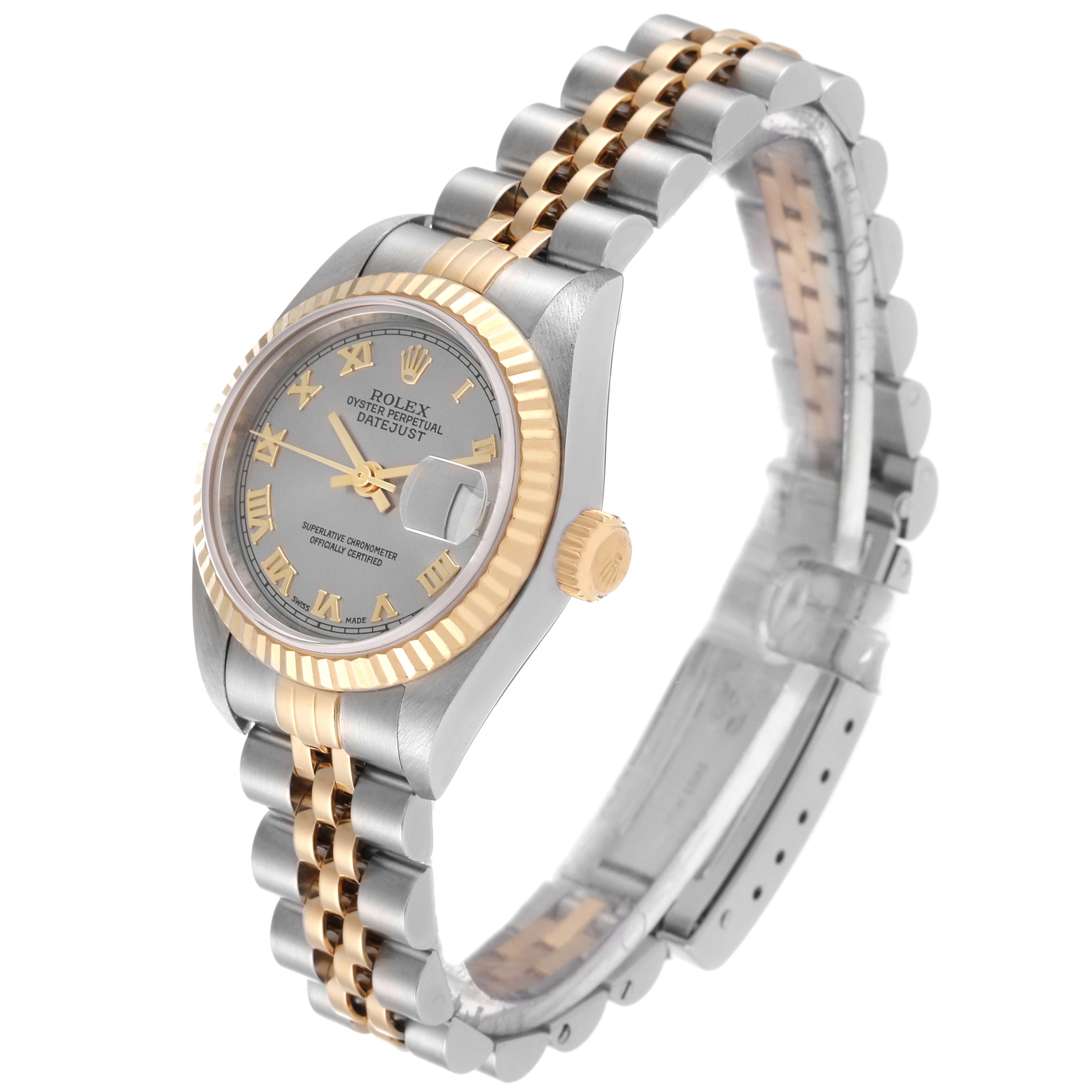 The Rolex Datejust 79173 Women's Steel and Gold (two tone) Grey Dial 79173 Women's Steel and Gold (two tone) Grey Dial model watch is shown at a three-quarter angle, featuring the bezel, dial, crown, and two-tone bracelet.