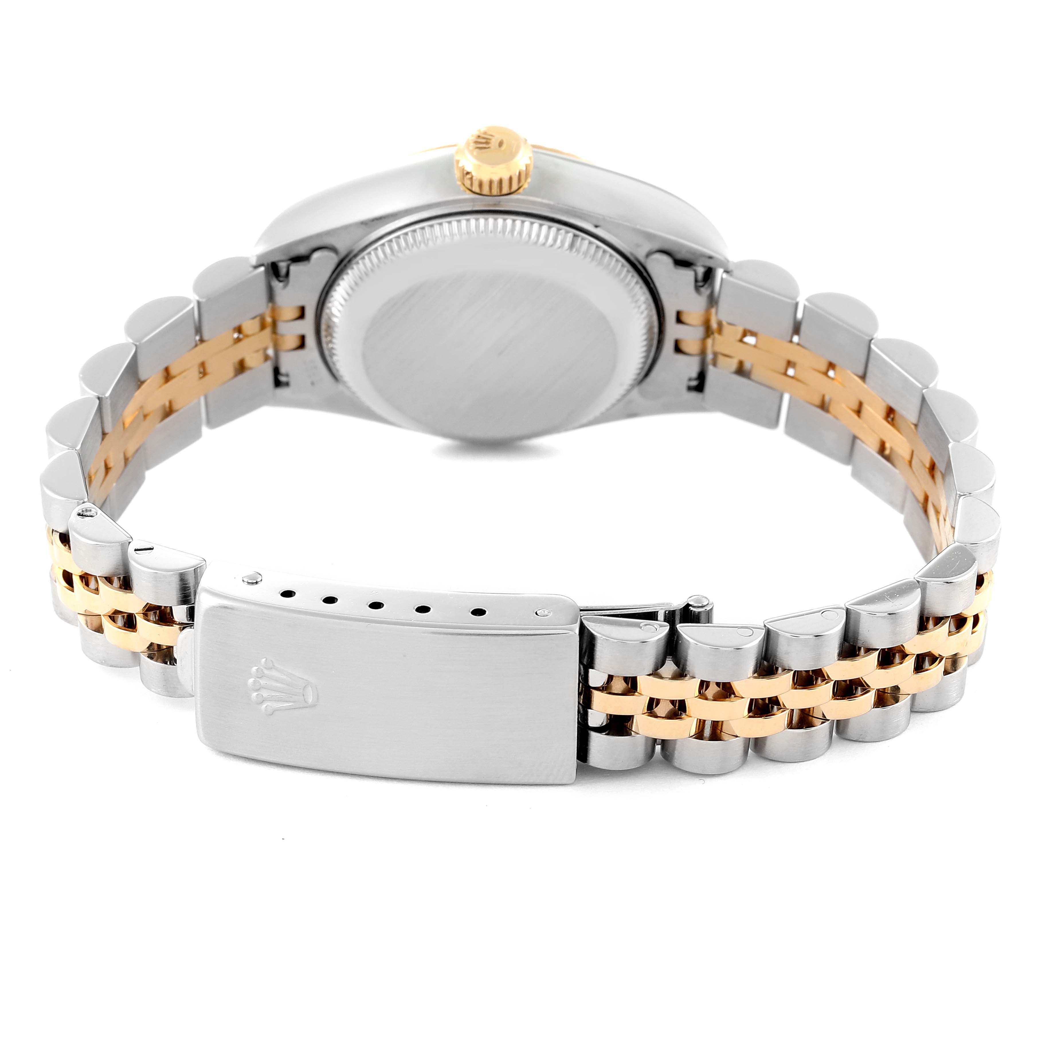 This is a rear view of a Rolex Datejust 79173 Women's Steel and Gold (two tone) Grey Dial 79173 Women's Steel and Gold (two tone) Grey Dial watch, showing the case back, gold crown, and two-tone Jubilee bracelet with the clasp.