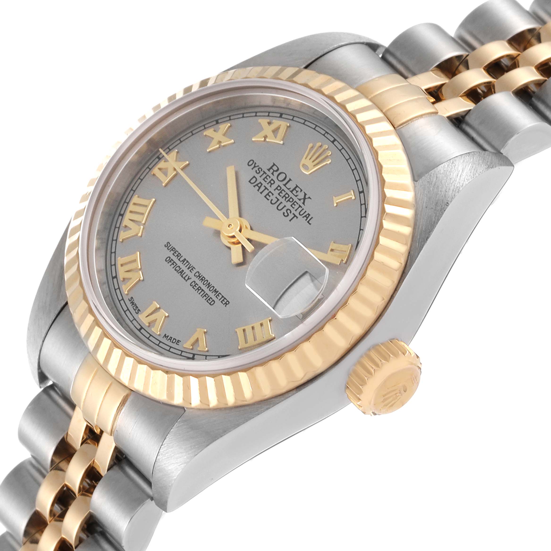 This Rolex Datejust 79173 Women's Steel and Gold (two tone) Grey Dial 79173 Women's Steel and Gold (two tone) Grey Dial watch is shown at a slight angle, showcasing its face, bezel, crown, and part of the bracelet.