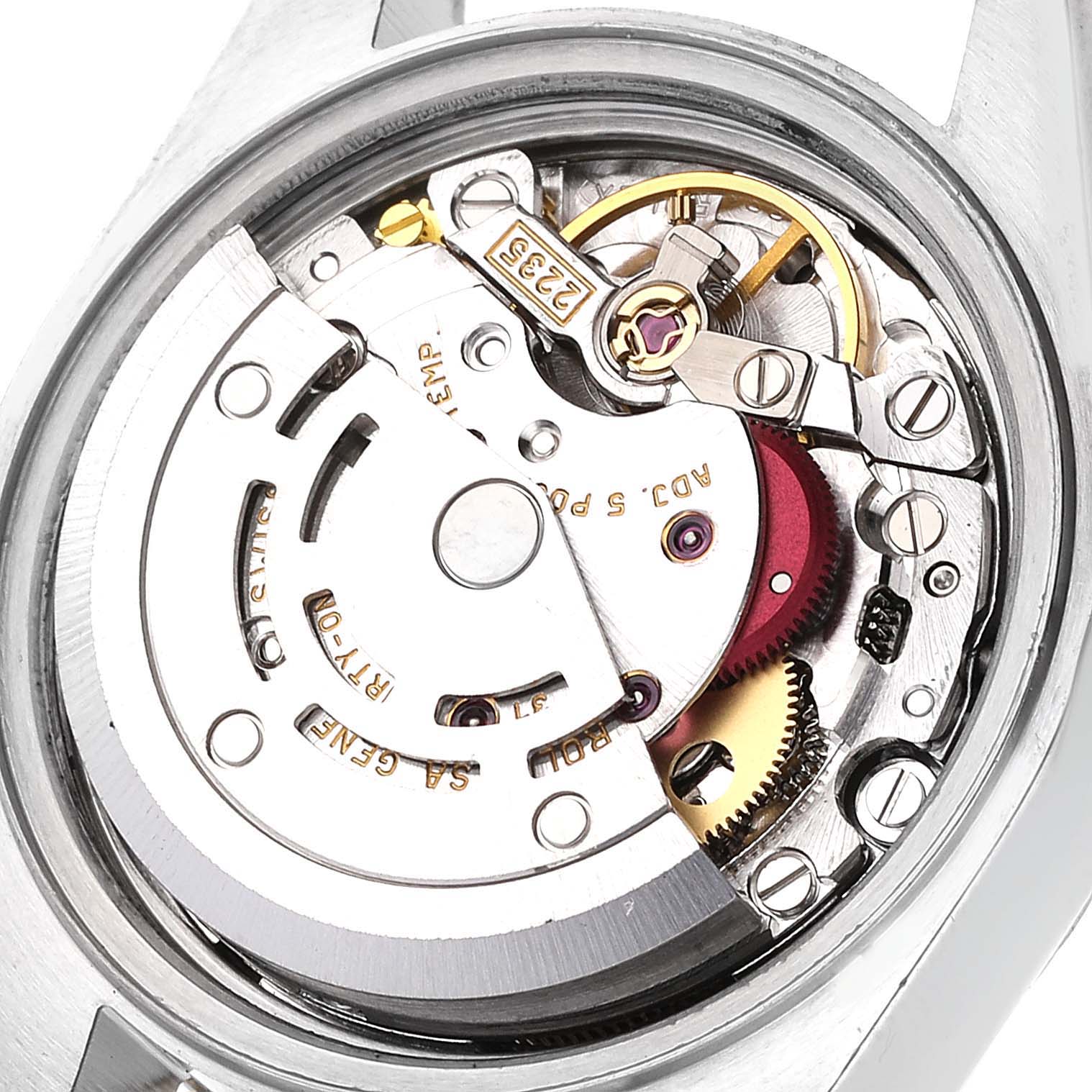 This image shows the intricate movement mechanism of a Rolex Datejust 79173 Women's Steel and Gold (two tone) Grey Dial 79173 Women's Steel and Gold (two tone) Grey Dial watch from the back angle.