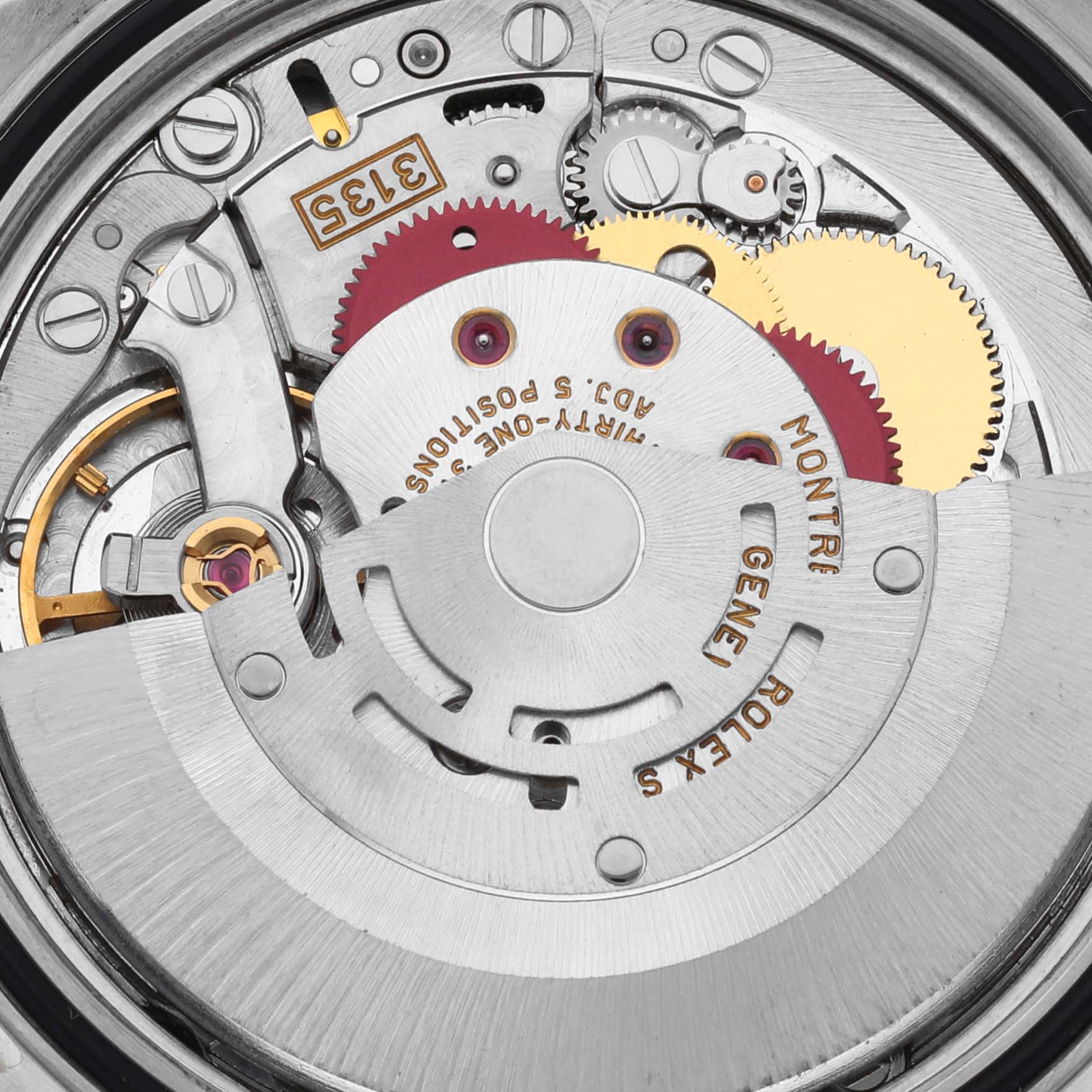 The image shows the movement of a Rolex Datejust 16203 Men's Steel and Gold (two tone) Grey Dial 16203 Men's Steel and Gold (two tone) Grey Dial watch, highlighting gears and rotor components from a top-down angle.