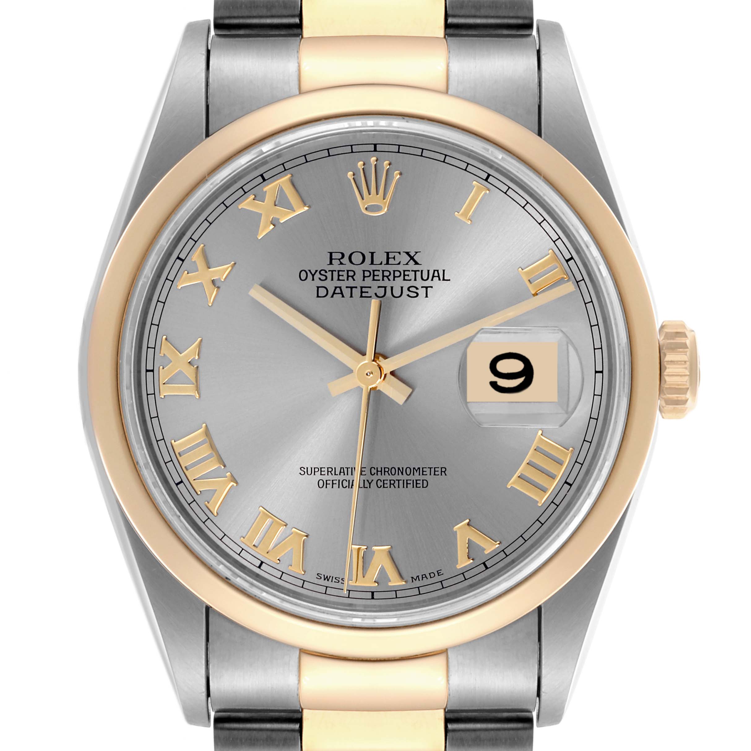The Rolex Datejust 16203 Men's Steel and Gold (two tone) Grey Dial 16203 Men's Steel and Gold (two tone) Grey Dial watch is shown from the front, highlighting the dial, date window, and part of the bracelet.