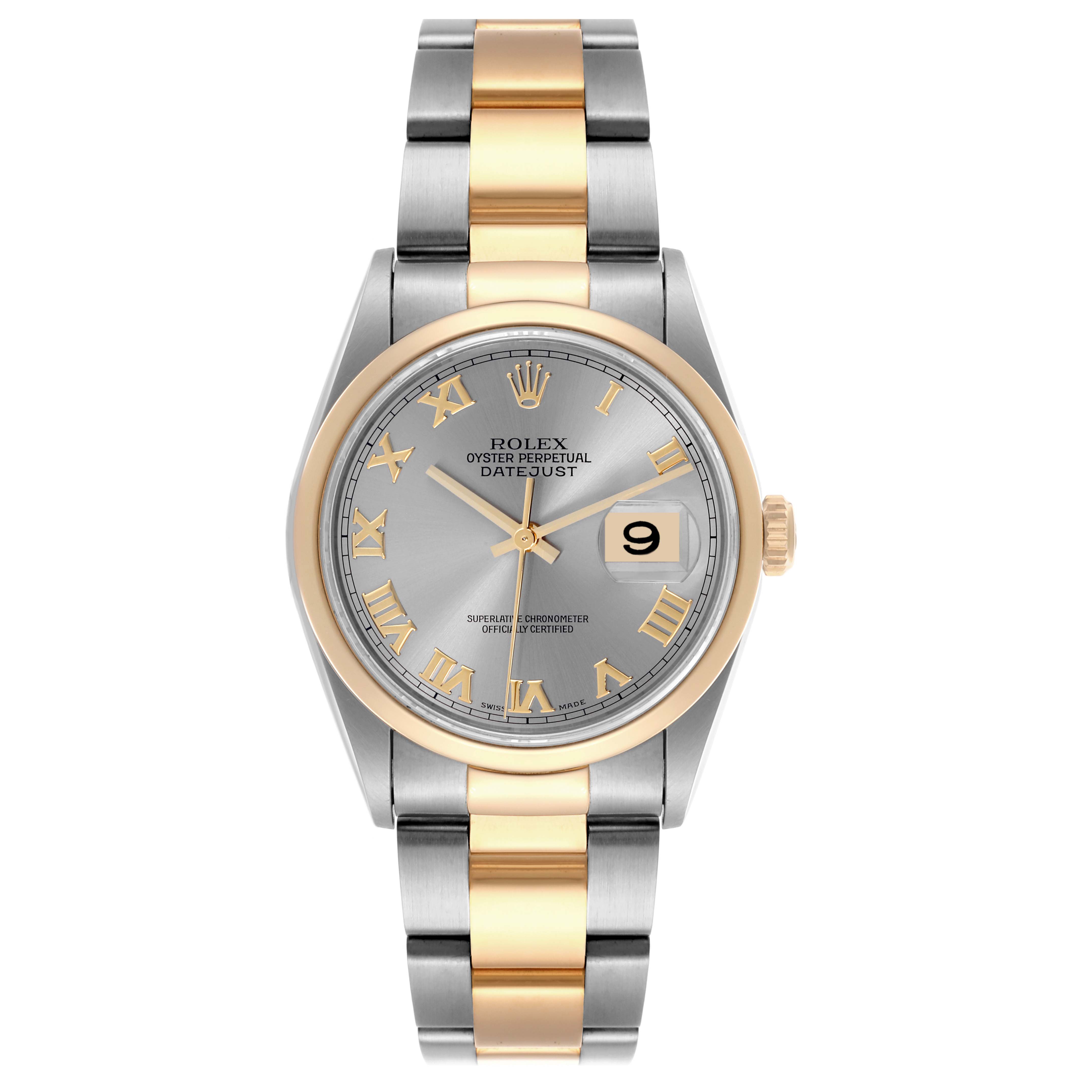 The Rolex Datejust 16203 Men's Steel and Gold (two tone) Grey Dial 16203 Men's Steel and Gold (two tone) Grey Dial watch is shown from the front, displaying its two-tone bracelet, grey dial, and gold Roman numerals.