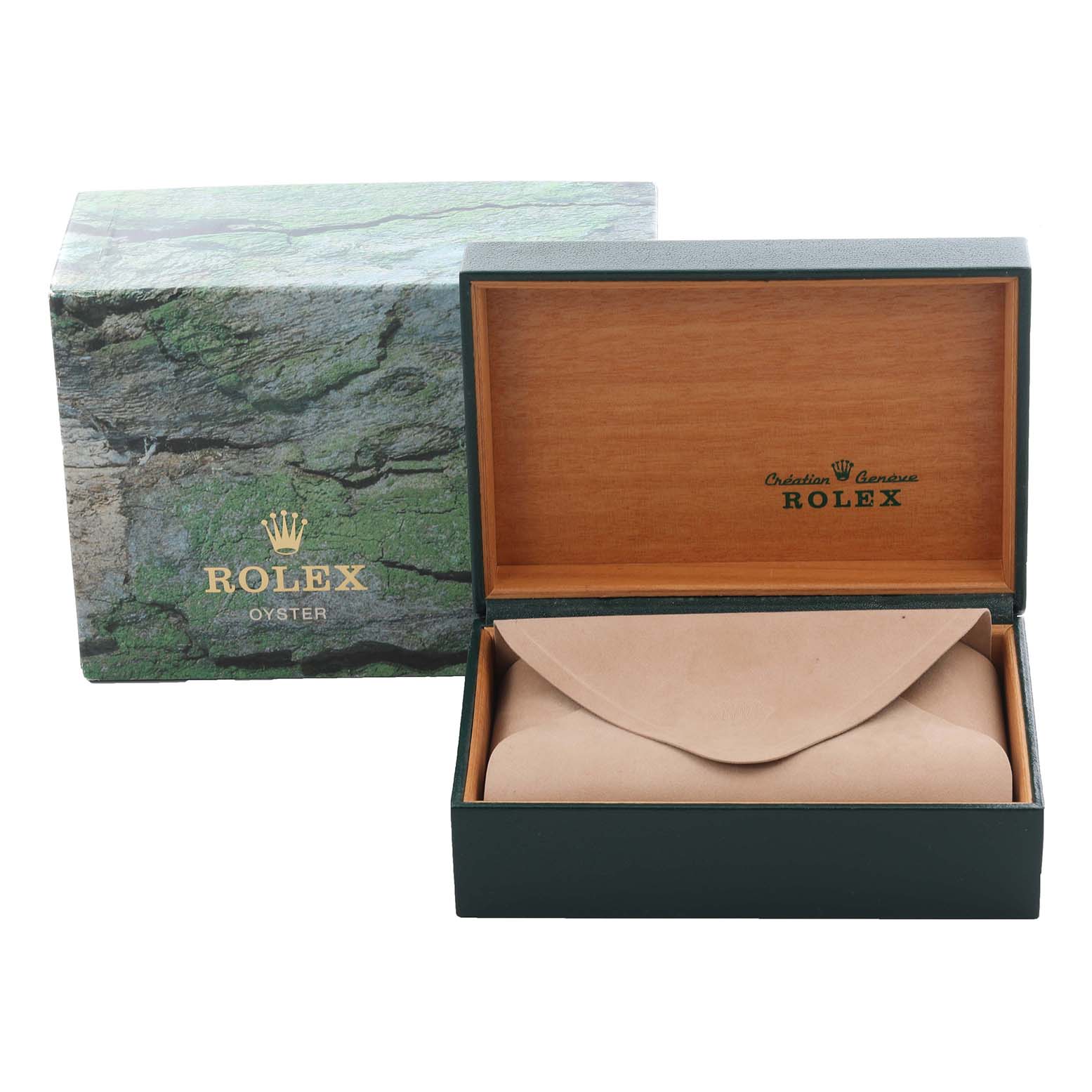 The image shows the open box and packaging for a Rolex Datejust 16203 Men's Steel and Gold (two tone) Grey Dial 16203 Men's Steel and Gold (two tone) Grey Dial watch, without the watch visible.