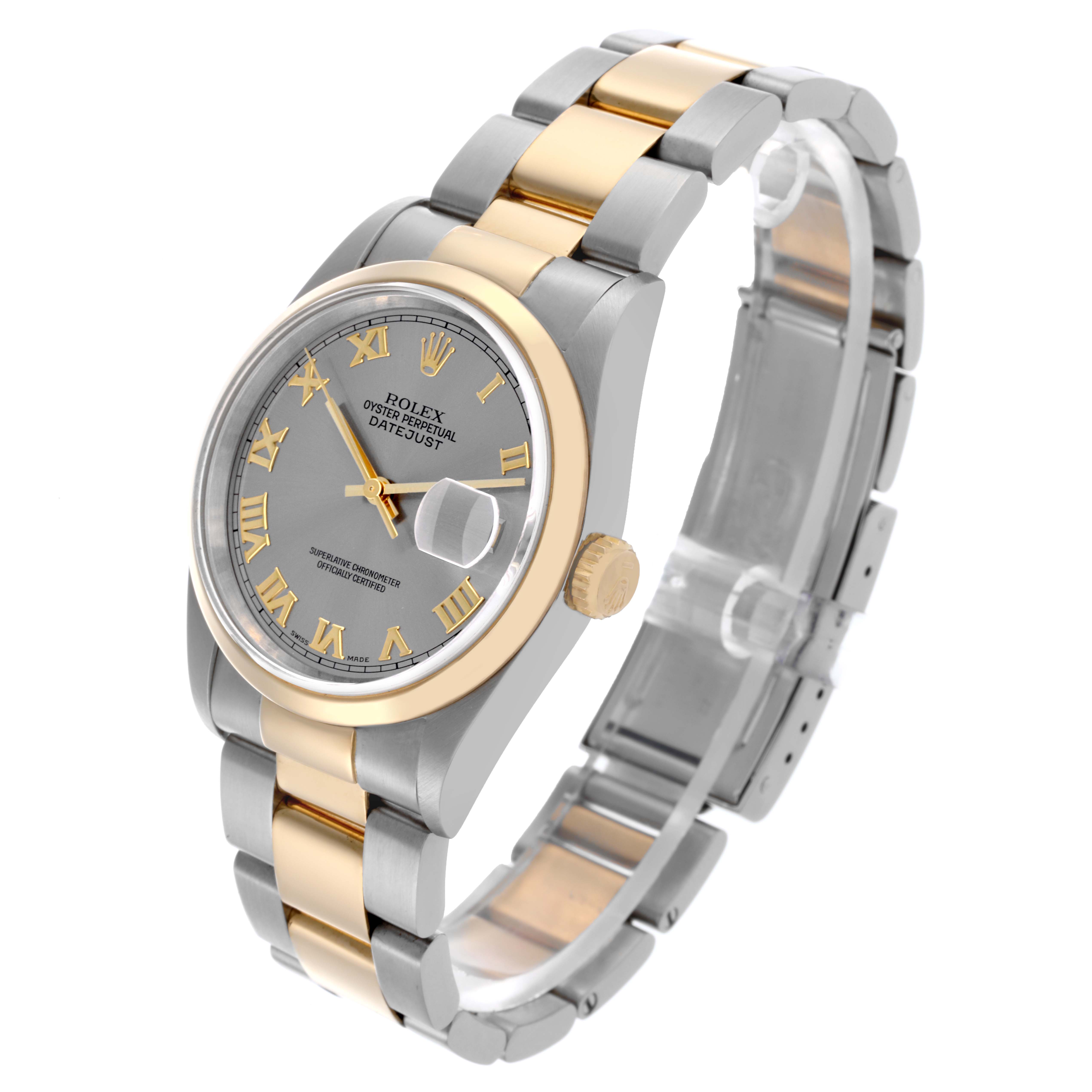 The Rolex Datejust 16203 Men's Steel and Gold (two tone) Grey Dial 16203 Men's Steel and Gold (two tone) Grey Dial watch is shown at a three-quarter angle, revealing the dial, bezel, crown, and two-tone bracelet.