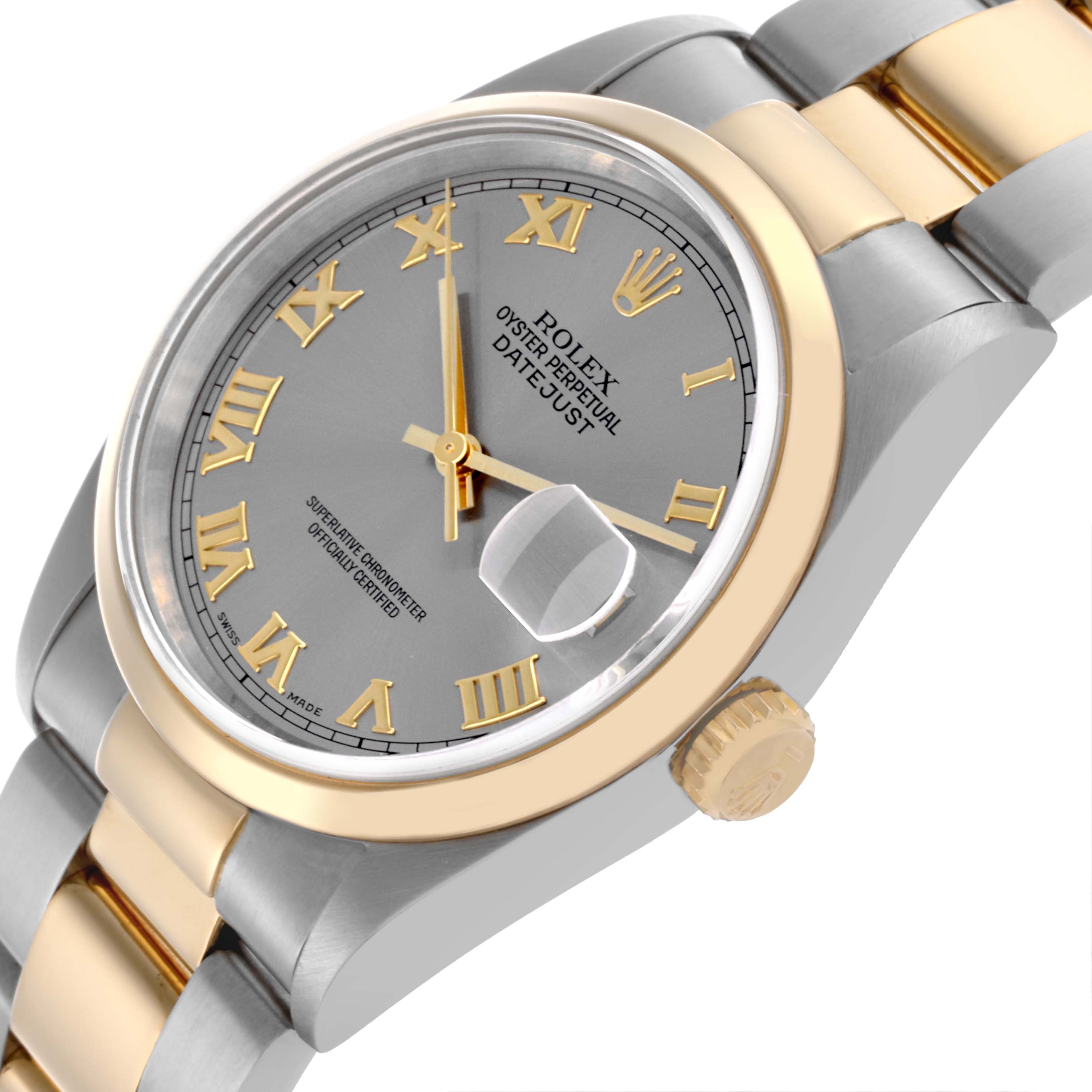 The Rolex Datejust 16203 Men's Steel and Gold (two tone) Grey Dial 16203 Men's Steel and Gold (two tone) Grey Dial watch is shown at a front-left angle, highlighting the dial, bezel, crown, and part of the bracelet.