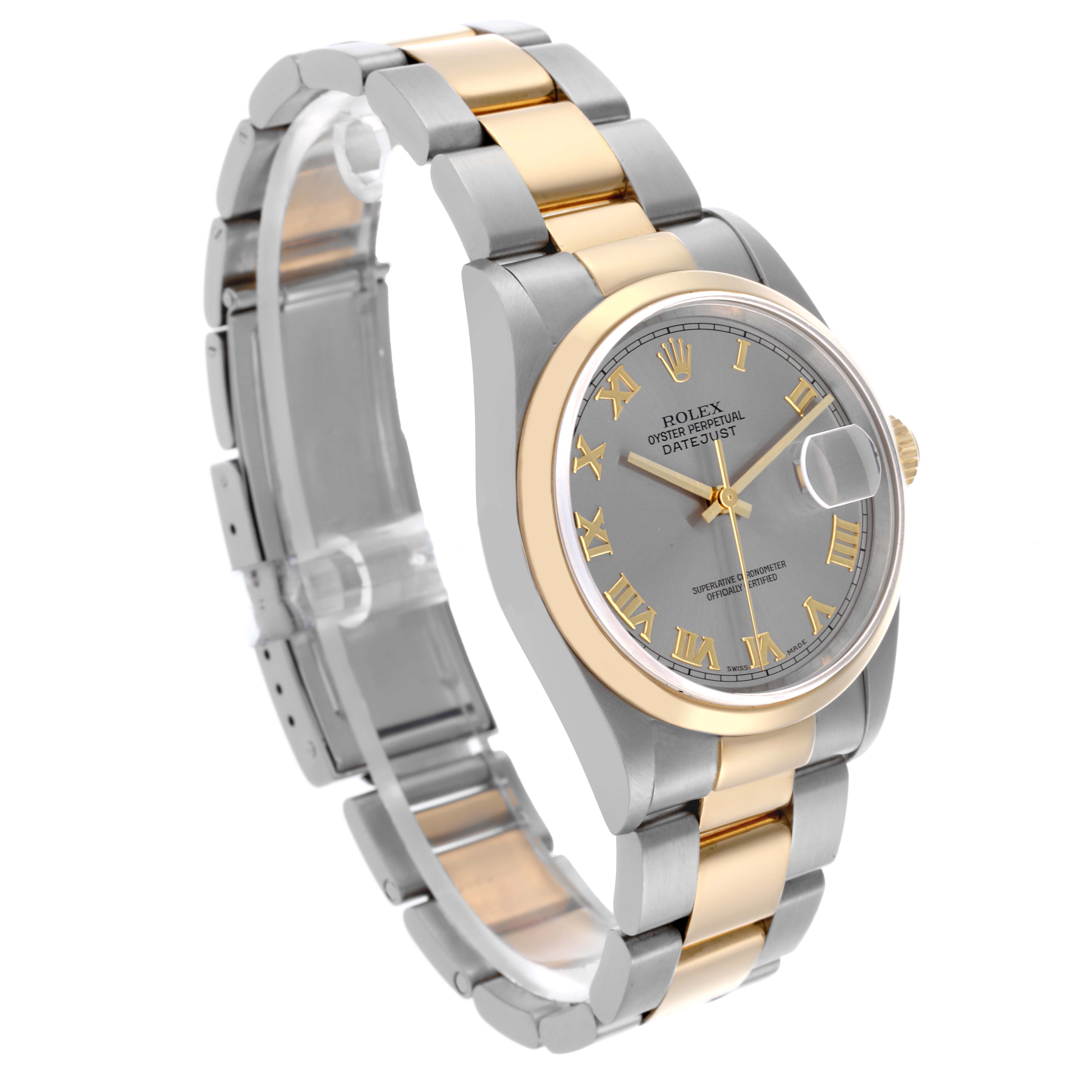 The Rolex Datejust 16203 Men's Steel and Gold (two tone) Grey Dial 16203 Men's Steel and Gold (two tone) Grey Dial watch is shown at a three-quarter angle, highlighting its face, bezel, and bracelet.