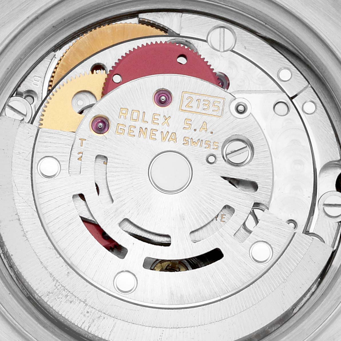This is a close-up view of the internal mechanism of a Rolex Datejust 69173 Women's Steel and Gold (two tone) Champagne Dial 69173 Women's Steel and Gold (two tone) Champagne Dial watch, highlighting gears and the balance wheel parts.