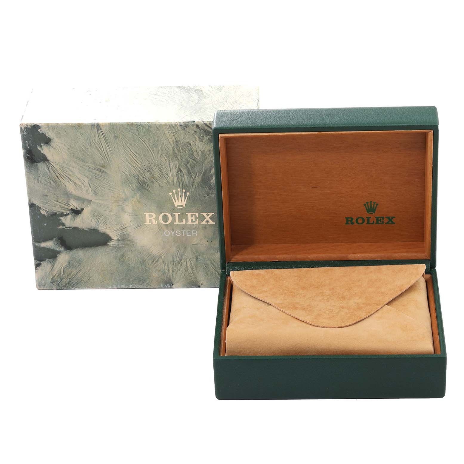 This image shows the packaging and box for a Rolex Datejust 69173 Women's Steel and Gold (two tone) Champagne Dial 69173 Women's Steel and Gold (two tone) Champagne Dial watch, including the outer box, inner wooden box, and suede pouch.