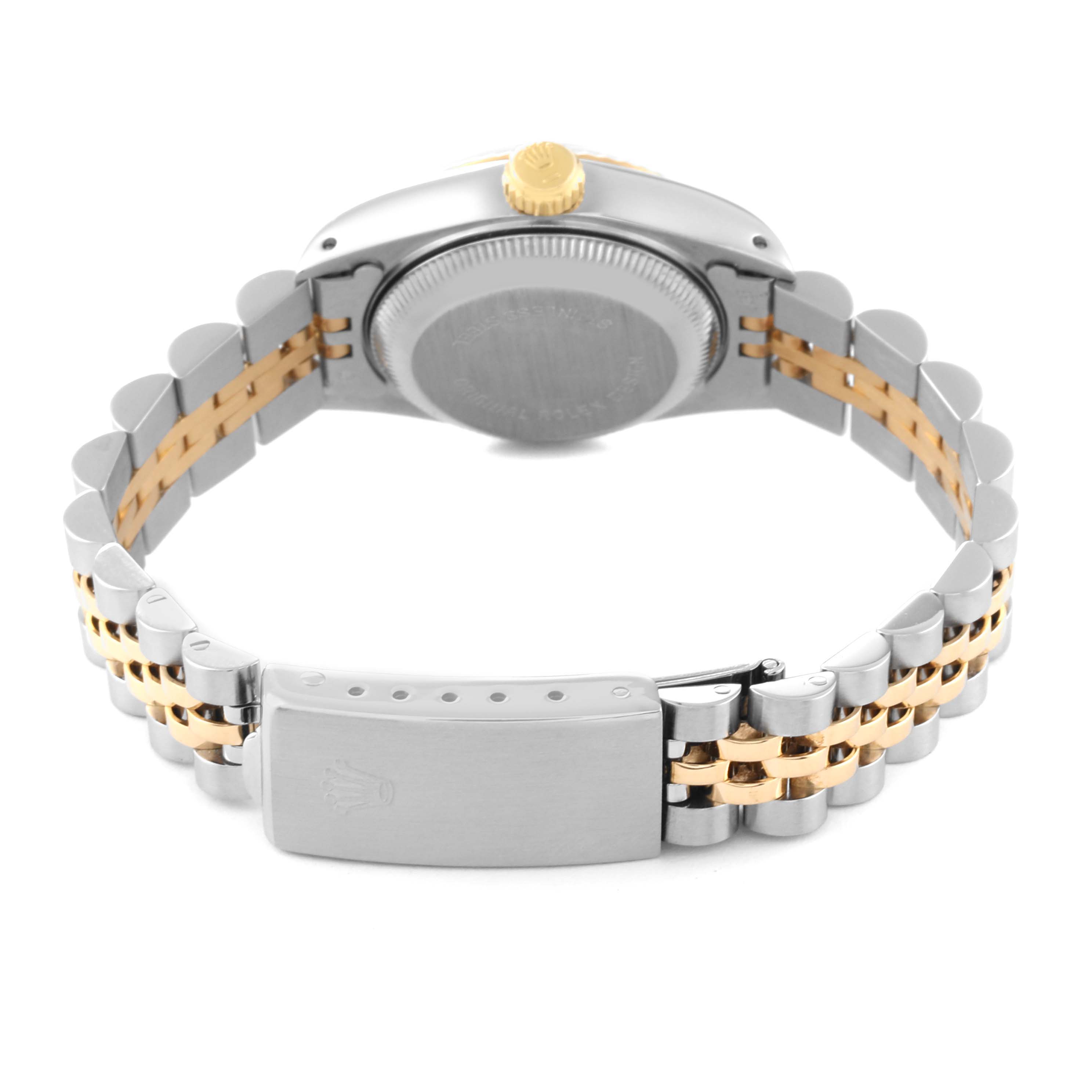 This Rolex Datejust 69173 Women's Steel and Gold (two tone) Champagne Dial 69173 Women's Steel and Gold (two tone) Champagne Dial watch is shown from the back, highlighting the case back, bracelet, and clasp.