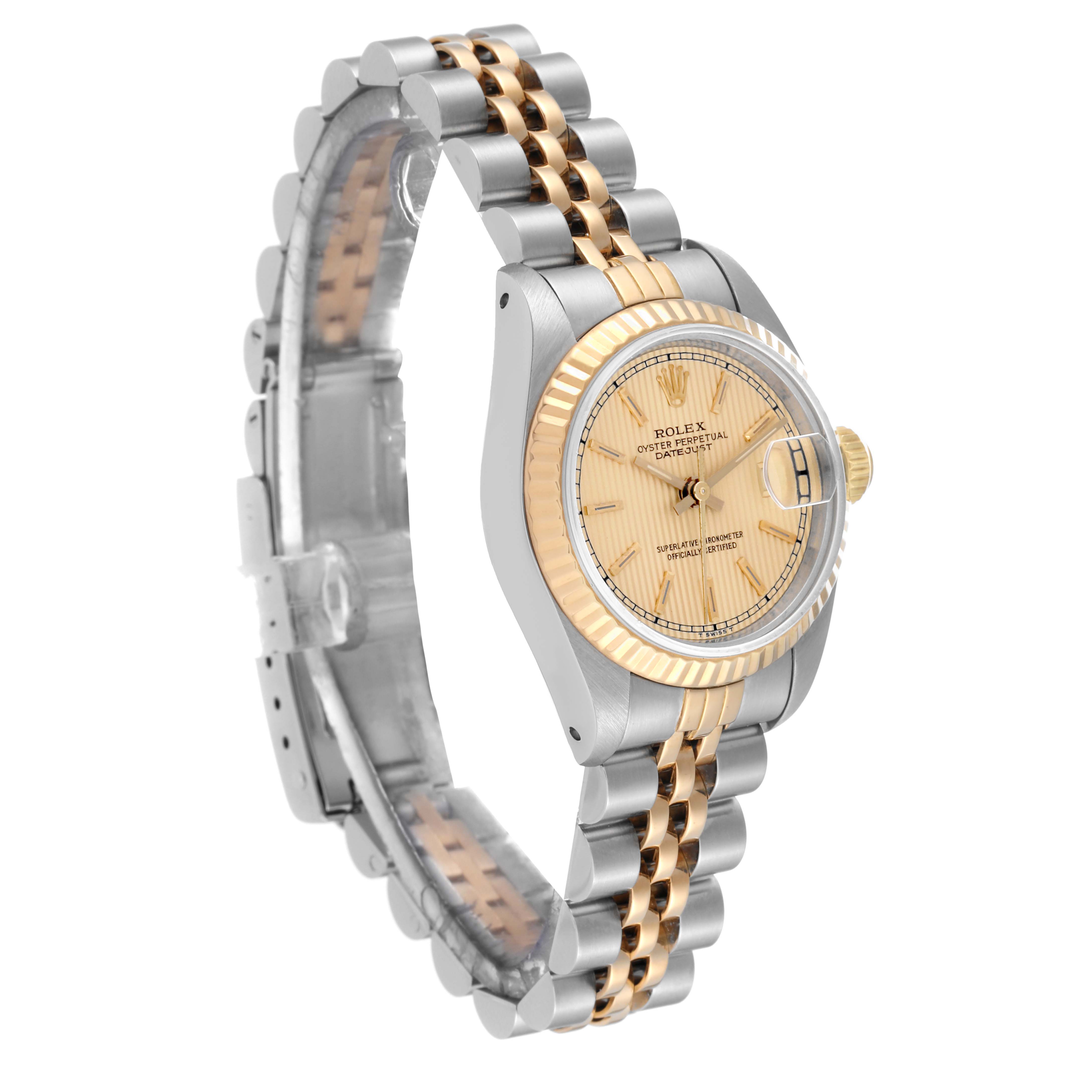 The image shows a Rolex Datejust 69173 Women's Steel and Gold (two tone) Champagne Dial 69173 Women's Steel and Gold (two tone) Champagne Dial watch at a slight side angle, highlighting its gold and silver two-tone bracelet and dial.