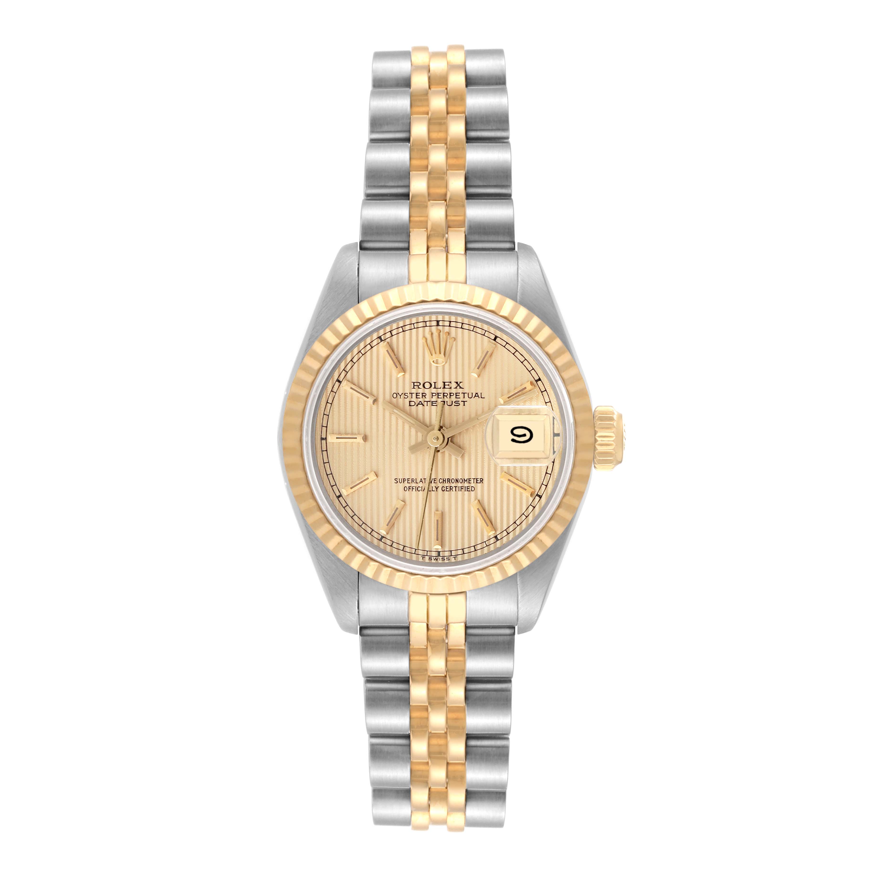 The image shows a front view of a Rolex Datejust 69173 Women's Steel and Gold (two tone) Champagne Dial 69173 Women's Steel and Gold (two tone) Champagne Dial watch, highlighting its gold and silver bracelet, bezel, and dial with a date display.