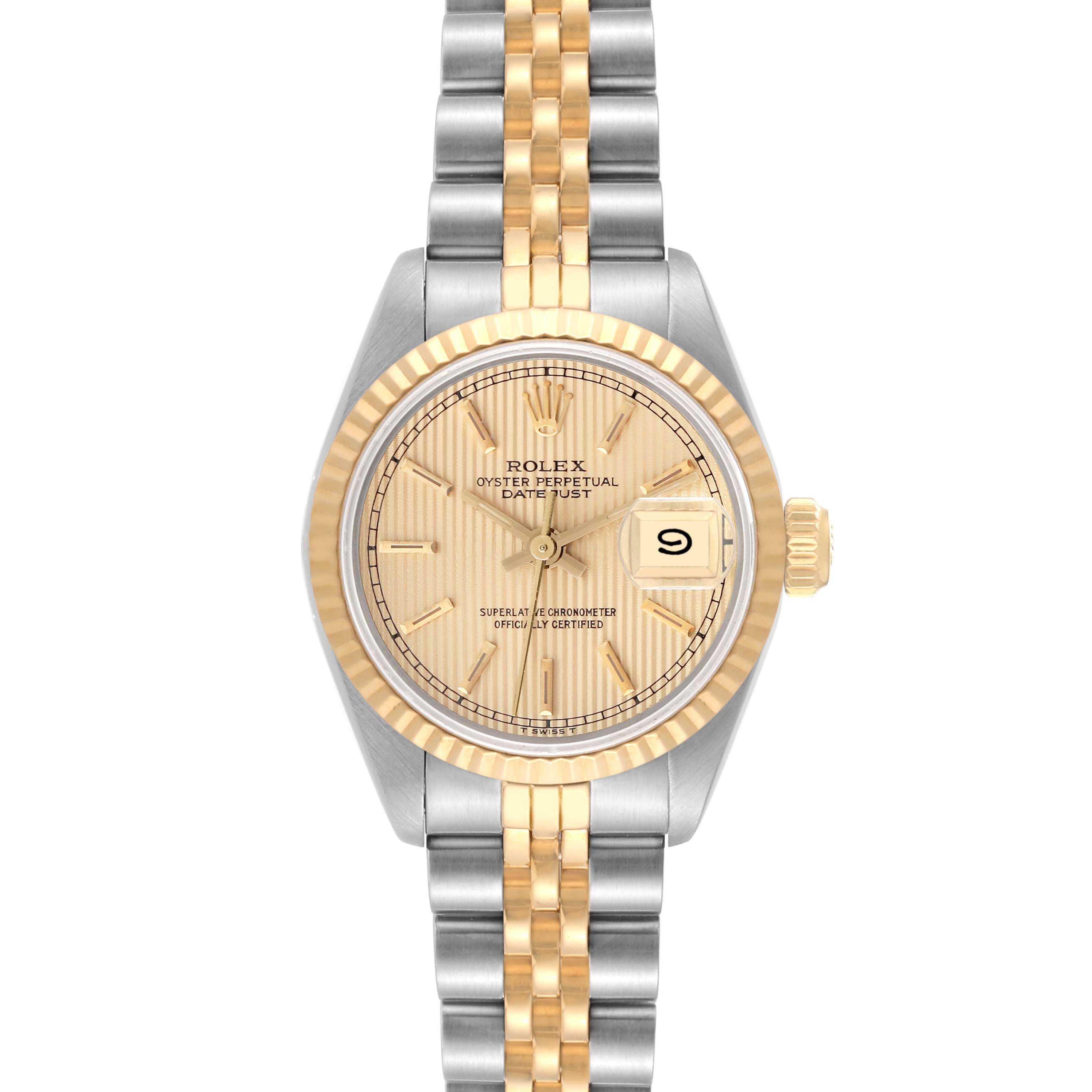 The image shows a Rolex Datejust 69173 Women's Steel and Gold (two tone) Champagne Dial 69173 Women's Steel and Gold (two tone) Champagne Dial watch from a front angle, featuring a two-tone bracelet, gold fluted bezel, and date display.