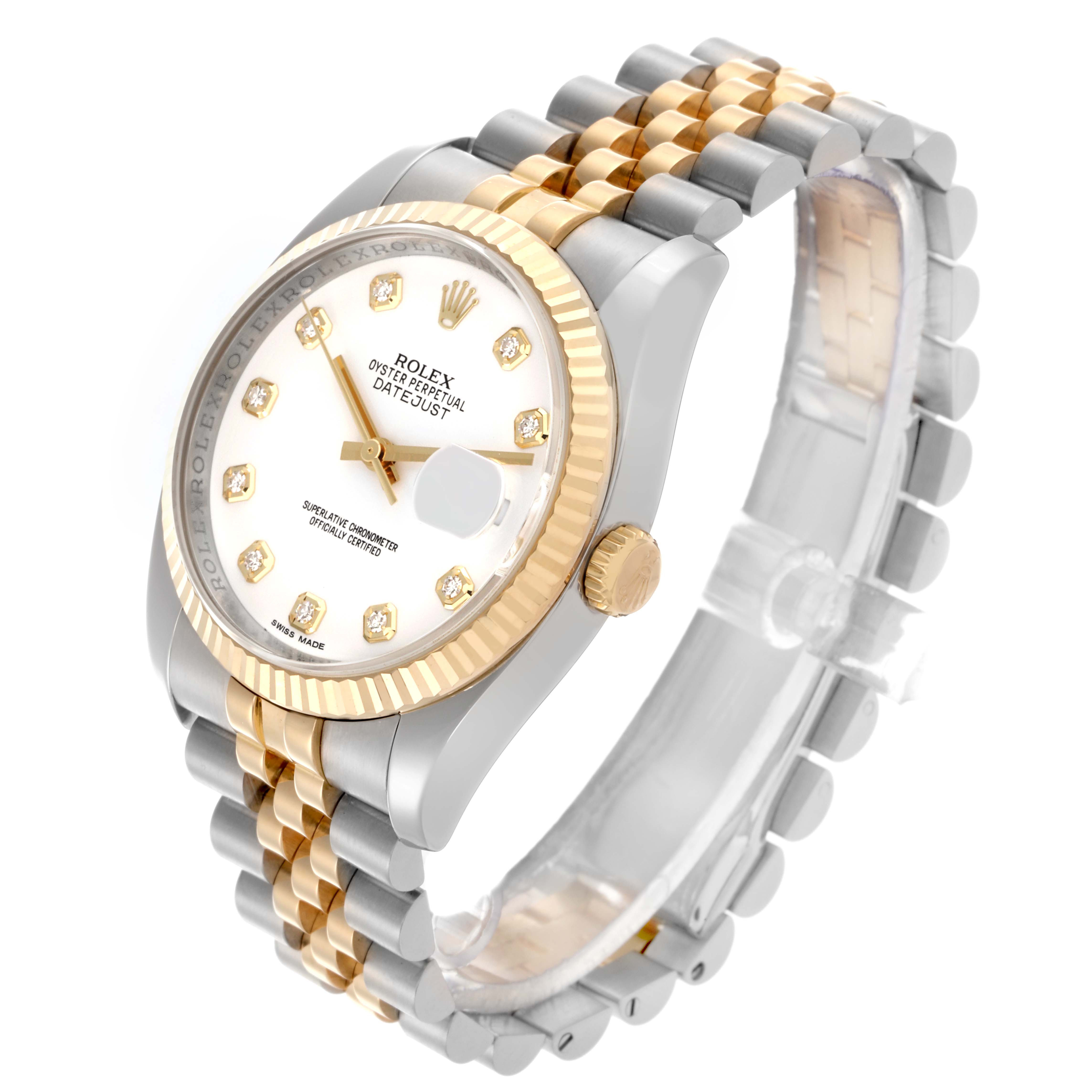 The Rolex Datejust 116233 Men's Steel and Gold (two tone) White Dial 116233 Men's Steel and Gold (two tone) White Dial watch is shown at a slight angle, highlighting the dial, bezel, and bracelet.