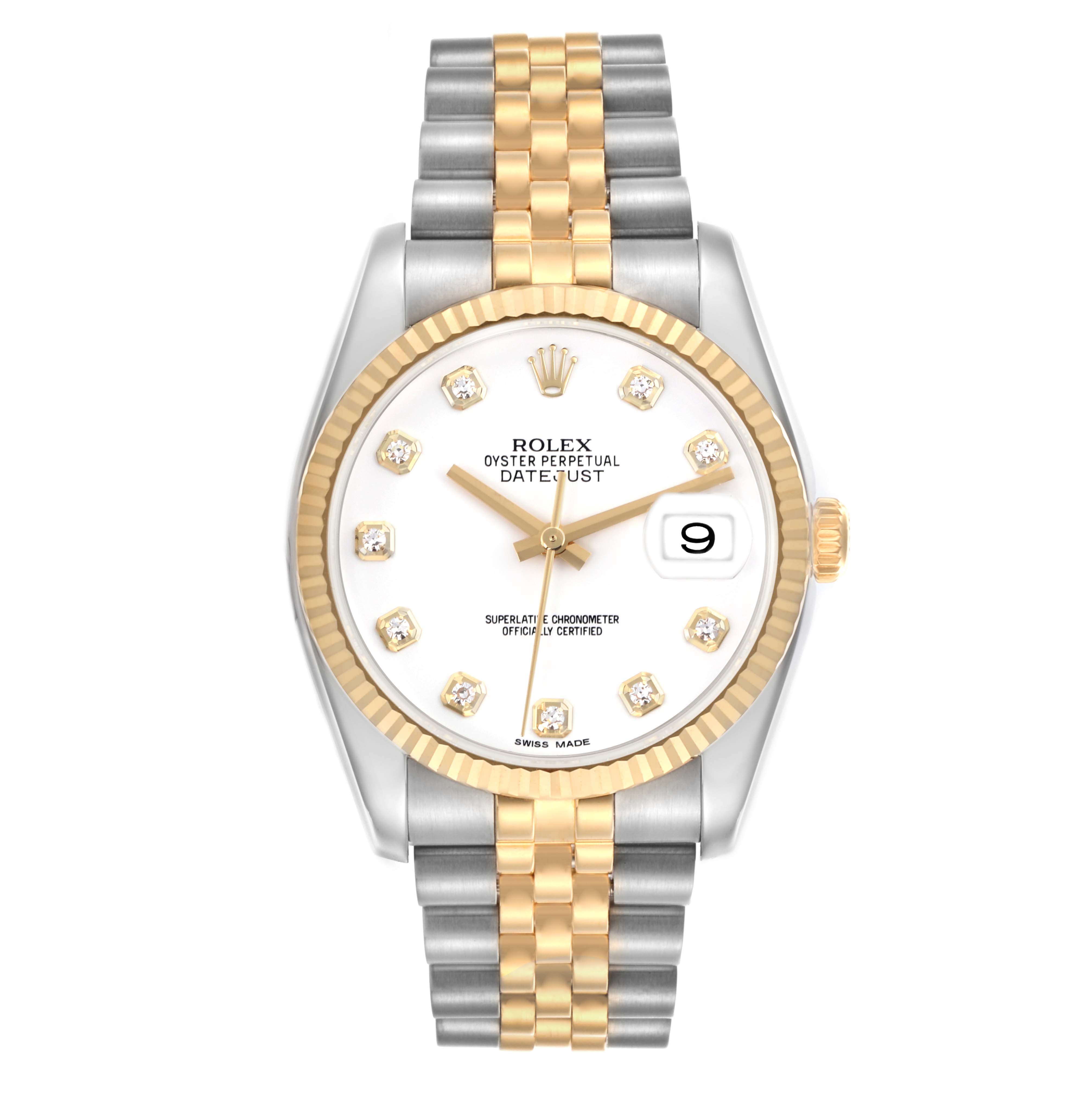 The Rolex Datejust 116233 Men's Steel and Gold (two tone) White Dial 116233 Men's Steel and Gold (two tone) White Dial watch is shown from the front, featuring a gold and silver bracelet, diamond hour markers, and a date window.