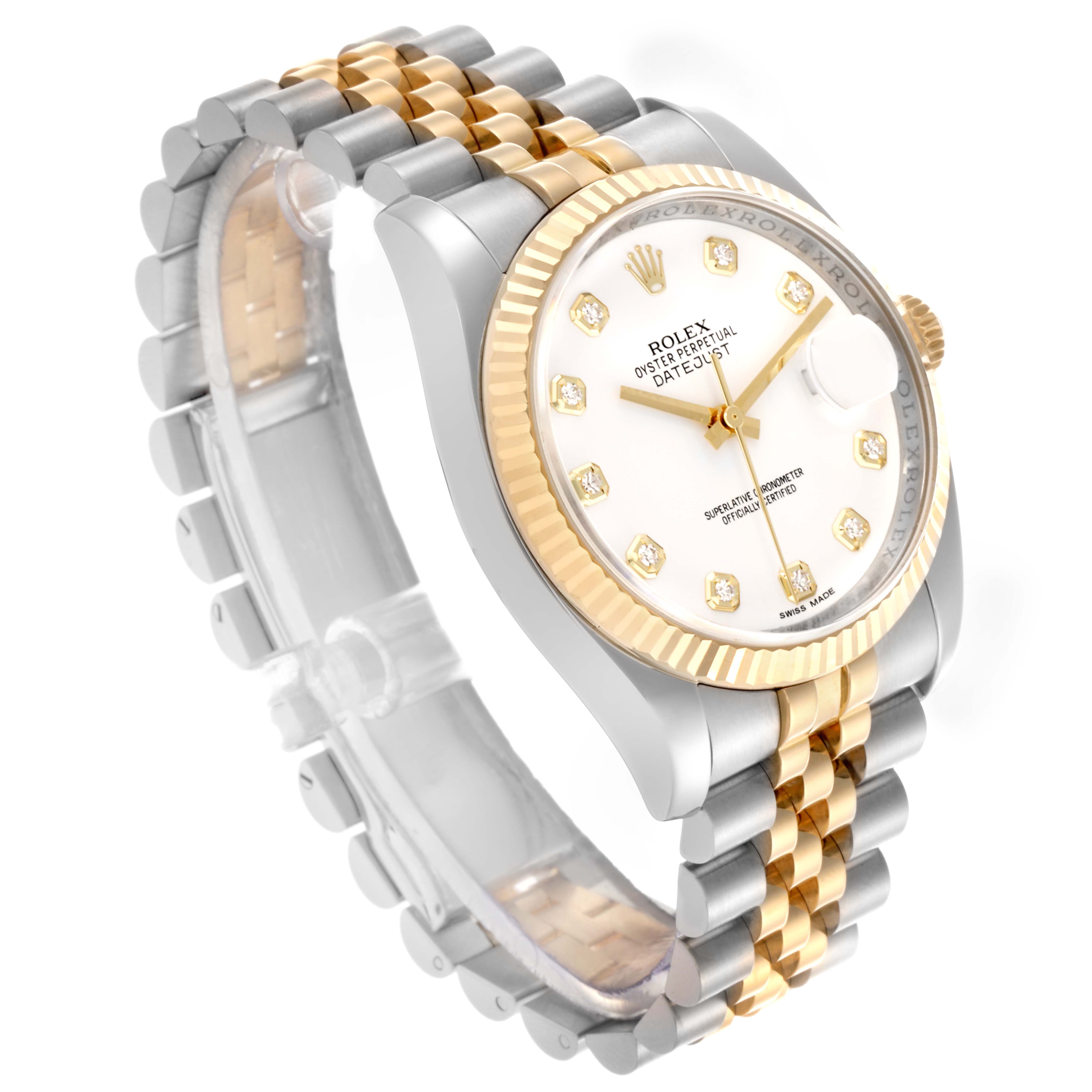 The Rolex Datejust 116233 Men's Steel and Gold (two tone) White Dial 116233 Men's Steel and Gold (two tone) White Dial watch is shown from a front-side angle, highlighting the two-tone bracelet, fluted bezel, and diamond markers.