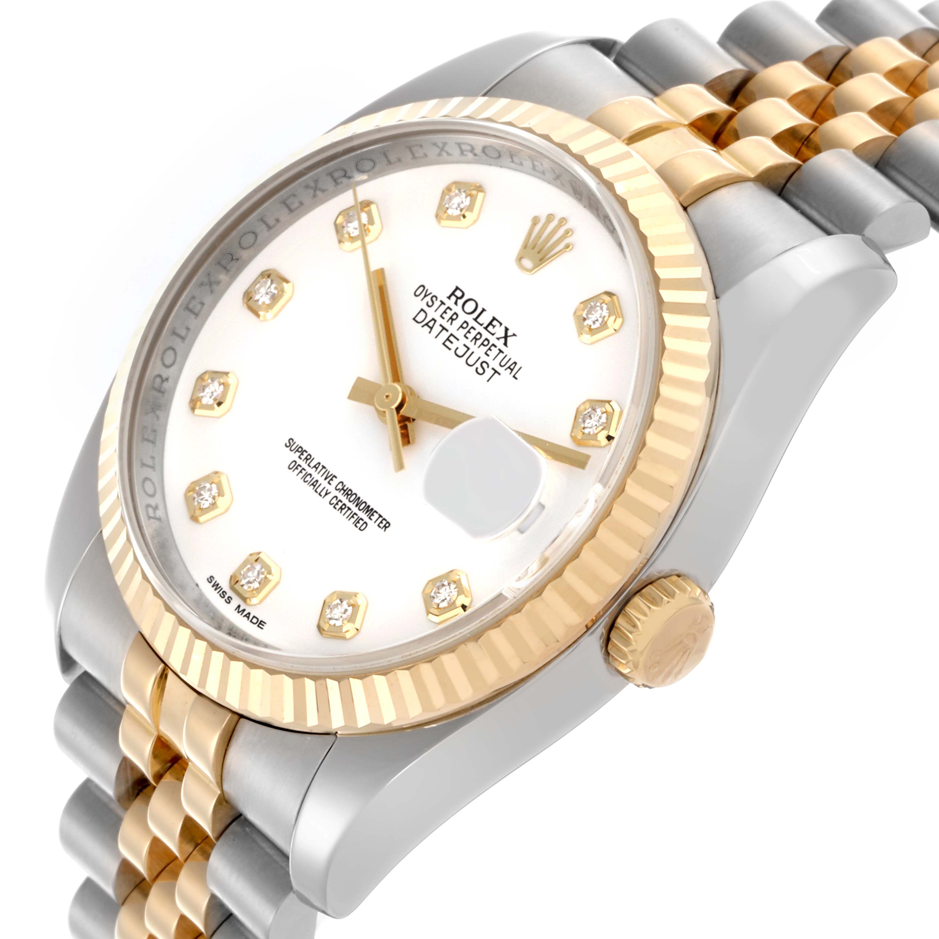 The Rolex Datejust 116233 Men's Steel and Gold (two tone) White Dial 116233 Men's Steel and Gold (two tone) White Dial watch is shown at a slight angle highlighting the dial, bezel, crown, and part of the bracelet.