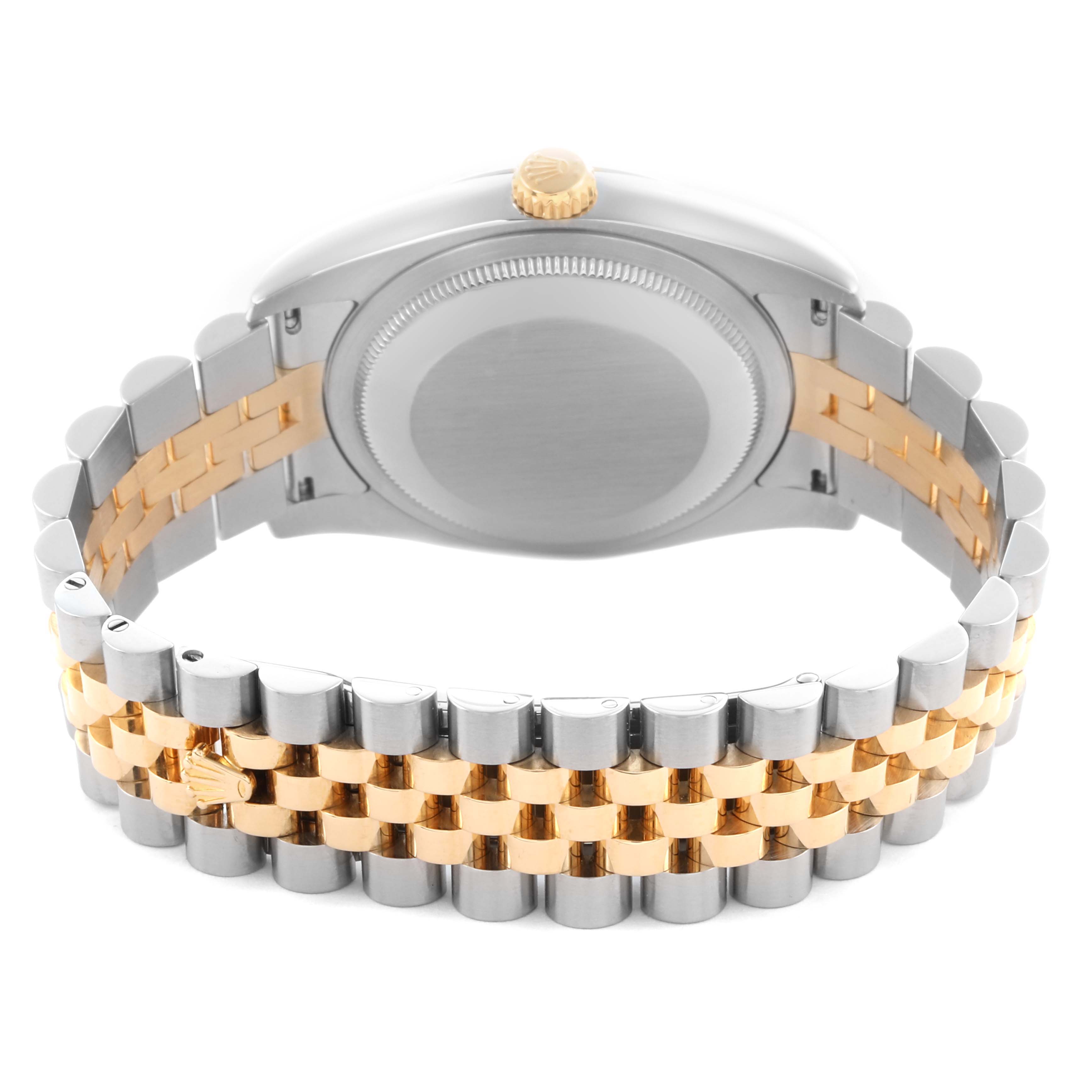 The image shows a Rolex Datejust 116233 Men's Steel and Gold (two tone) White Dial 116233 Men's Steel and Gold (two tone) White Dial from the back, highlighting the case, crown, and two-tone bracelet.