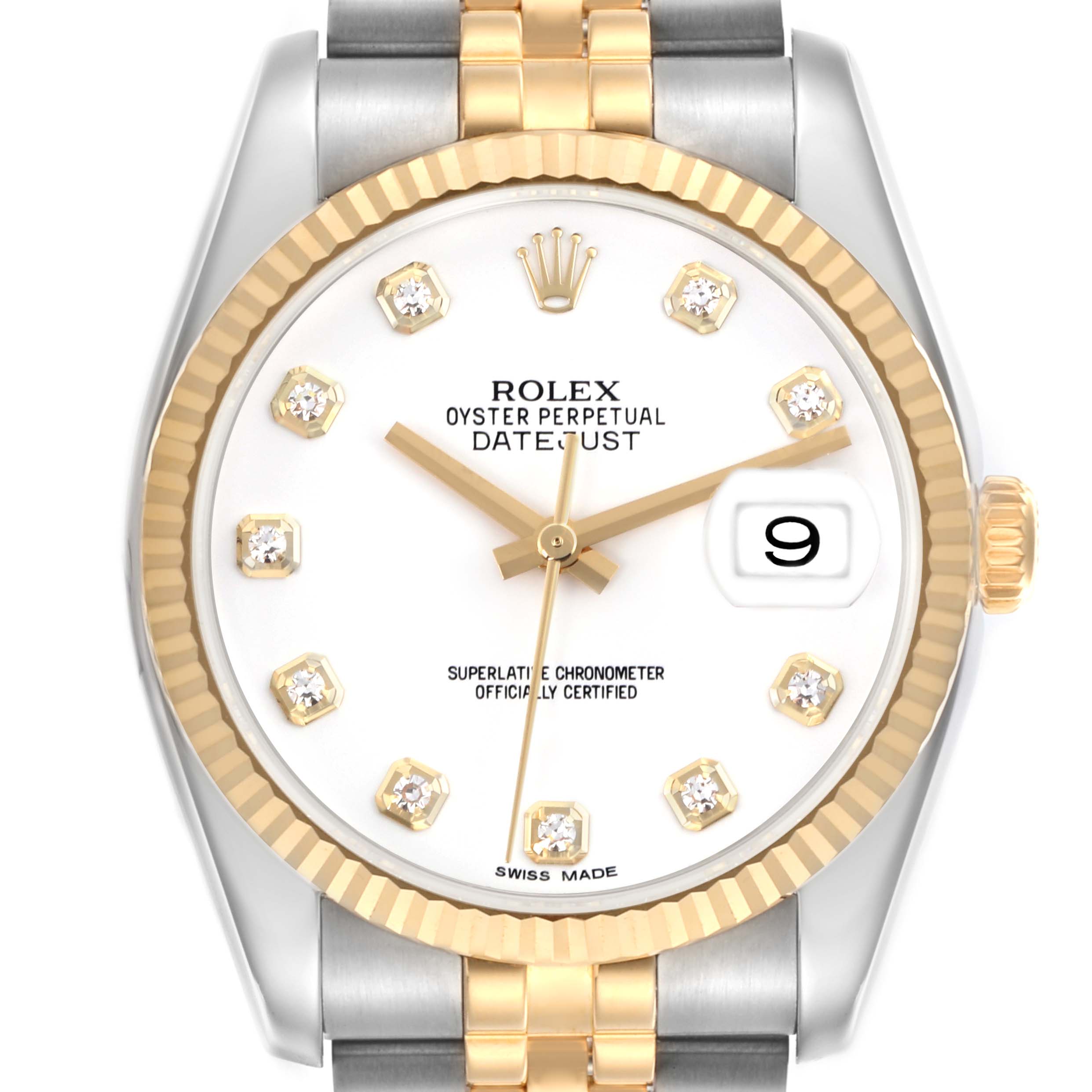 The image shows a front view of the Rolex Datejust 116233 Men's Steel and Gold (two tone) White Dial 116233 Men's Steel and Gold (two tone) White Dial watch, highlighting its dial, date feature, crown, and part of the bracelet.