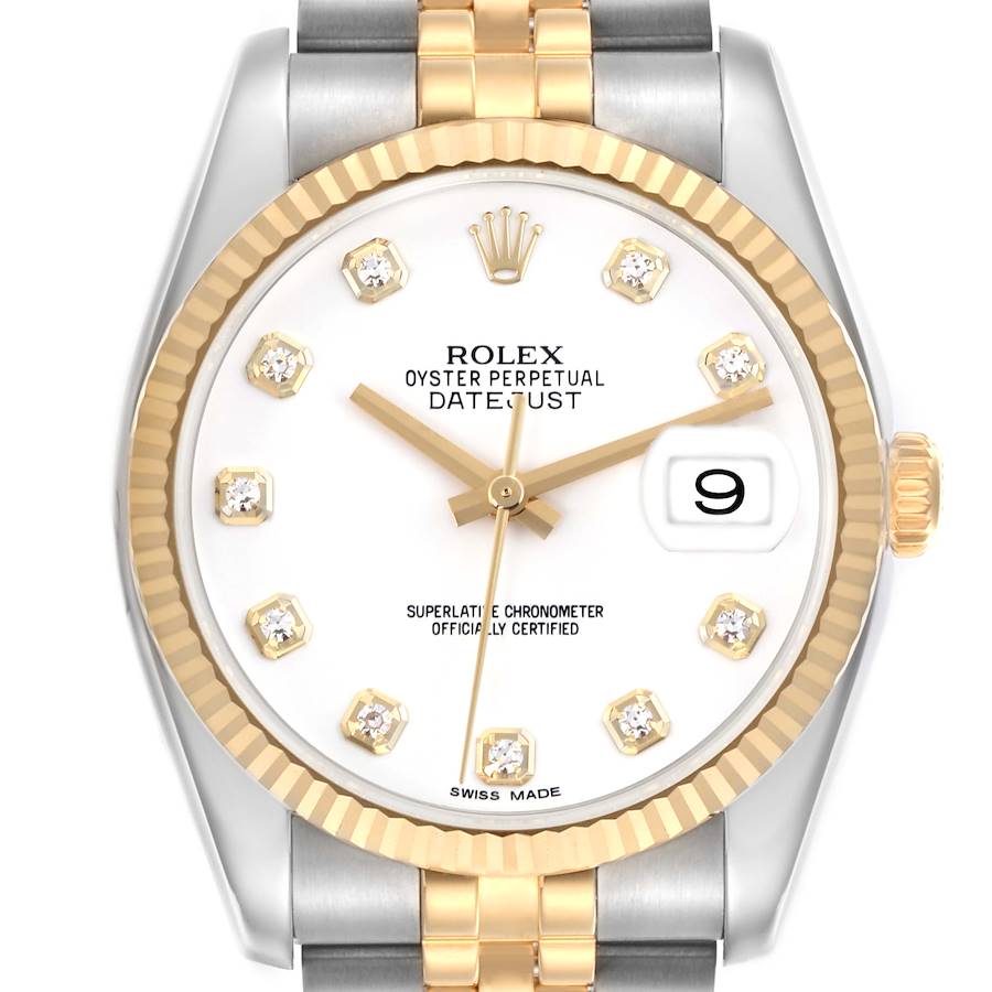 The image shows a front view of the Rolex Datejust watch, highlighting its dial, date feature, crown, and part of the bracelet.