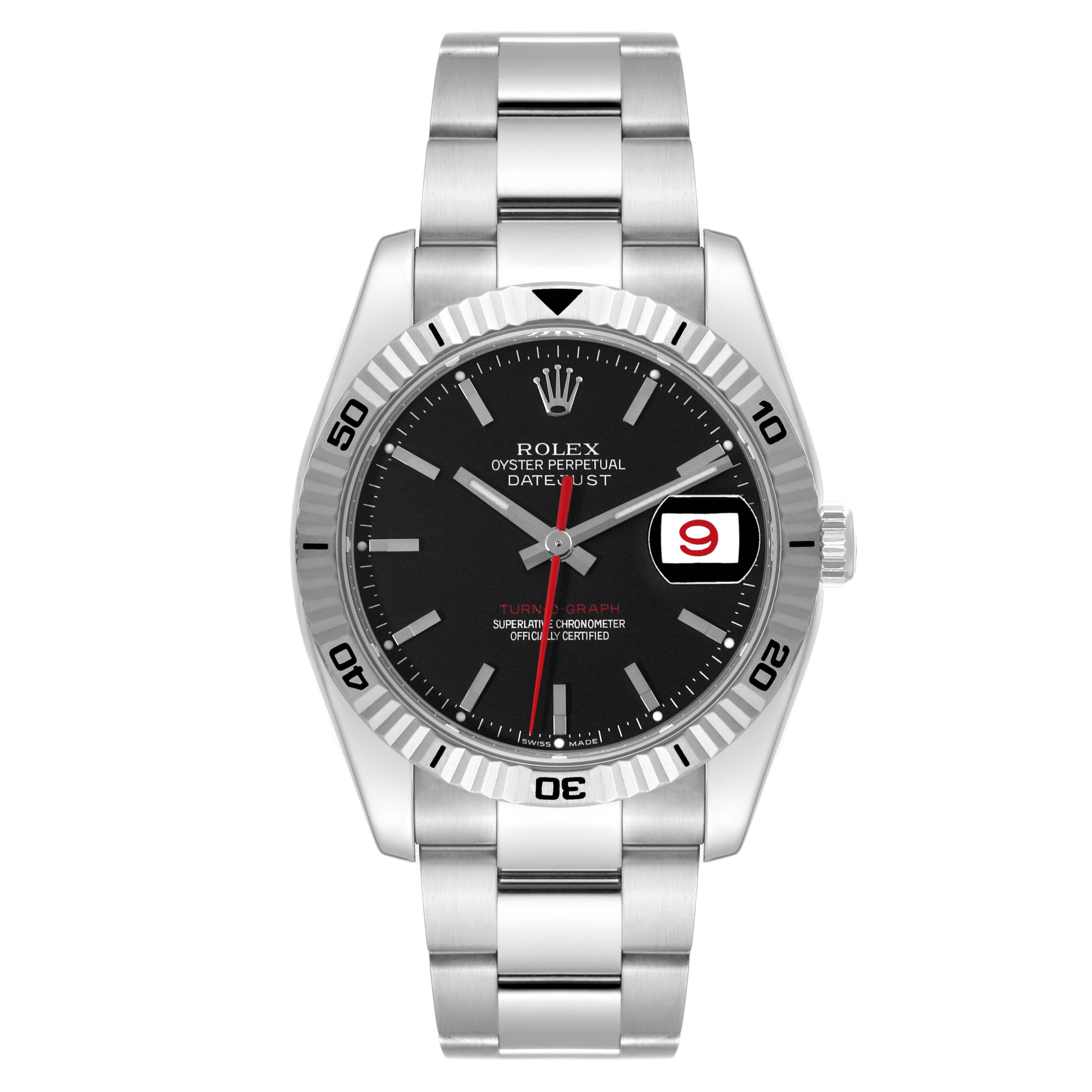 The image shows a front view of the Rolex Turn-o-Graph 116264 Men's Stainless Steel Black Dial 116264 Men's Stainless Steel Black Dial watch, featuring a stainless steel bracelet and black dial.