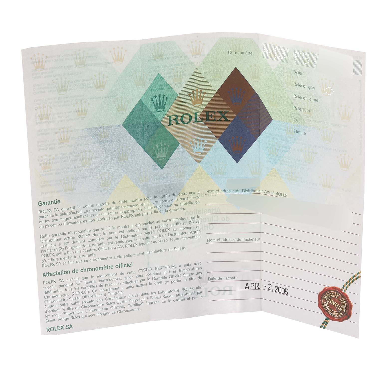 This image shows the warranty card and certification for the Rolex Turn-o-Graph 116264 Men's Stainless Steel Black Dial 116264 Men's Stainless Steel Black Dial model, dated April 2, 2005.