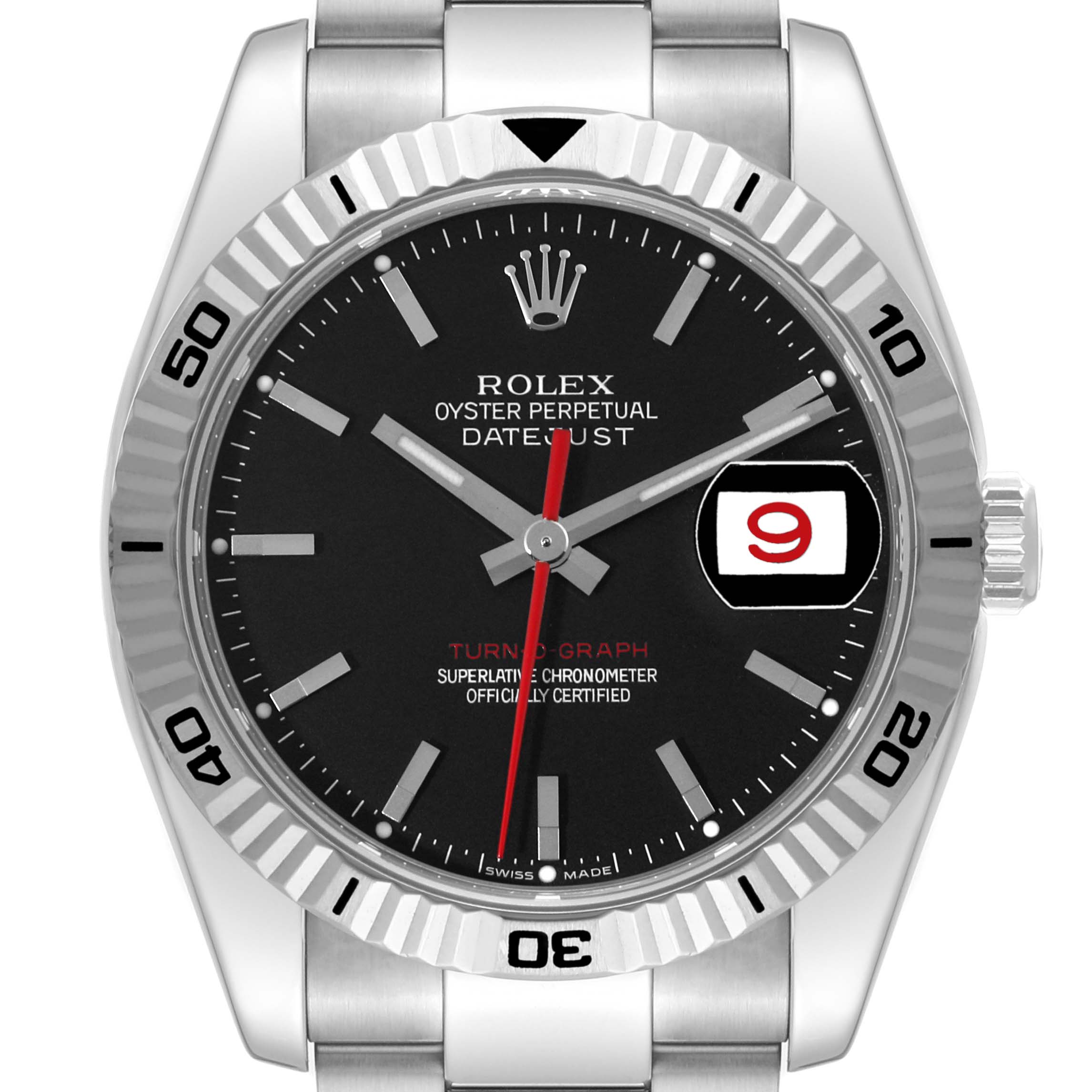 The image shows a front view of the Rolex Turn-o-Graph 116264 Men's Stainless Steel Black Dial 116264 Men's Stainless Steel Black Dial watch, displaying its black dial, date window, and stainless steel bezel.