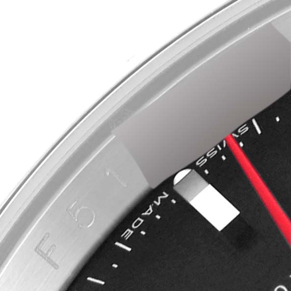 The image shows a close-up angle of the dial and bezel of a Rolex Turn-o-Graph 116264 Men's Stainless Steel Black Dial 116264 Men's Stainless Steel Black Dial model.