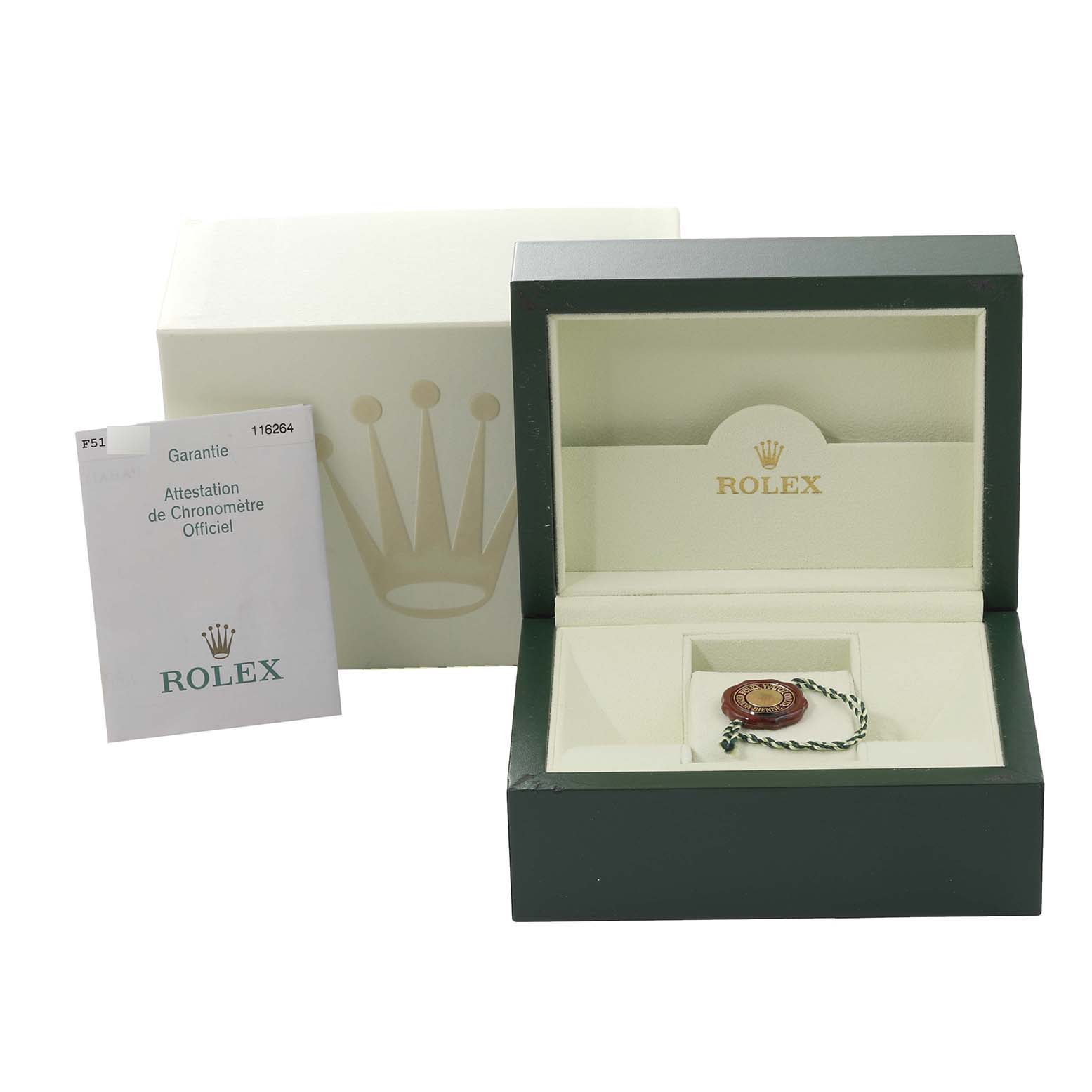 The image shows a Rolex Turn-o-Graph 116264 Men's Stainless Steel Black Dial 116264 Men's Stainless Steel Black Dial watch box, an outer box, and a warranty card.