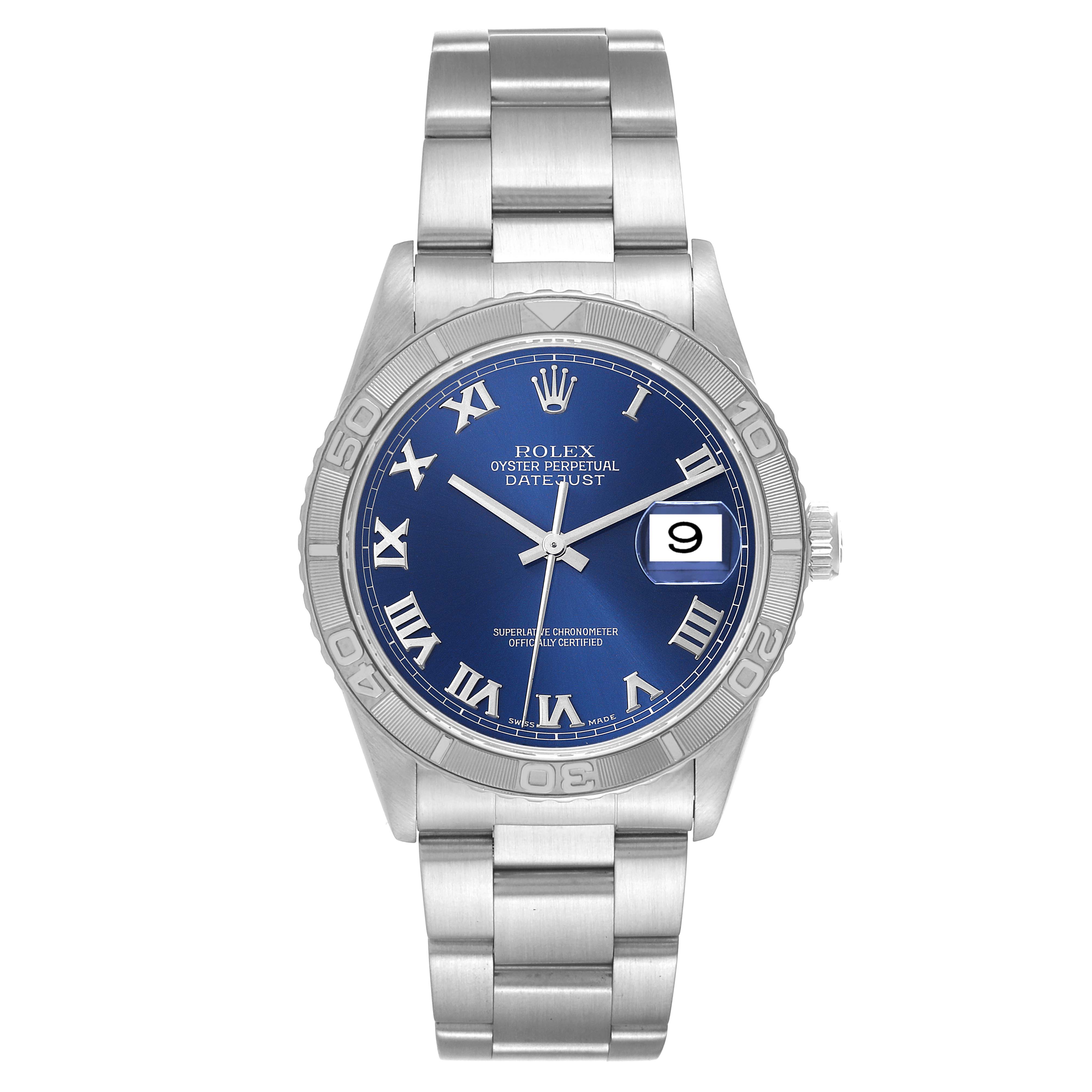 The image shows a frontal view of the Rolex Turn-o-Graph 16264 Men
s Stainless Steel Blue Dial 16264 Men
s Stainless Steel Blue Dial watch, displaying its bezel, blue dial, and metal band.