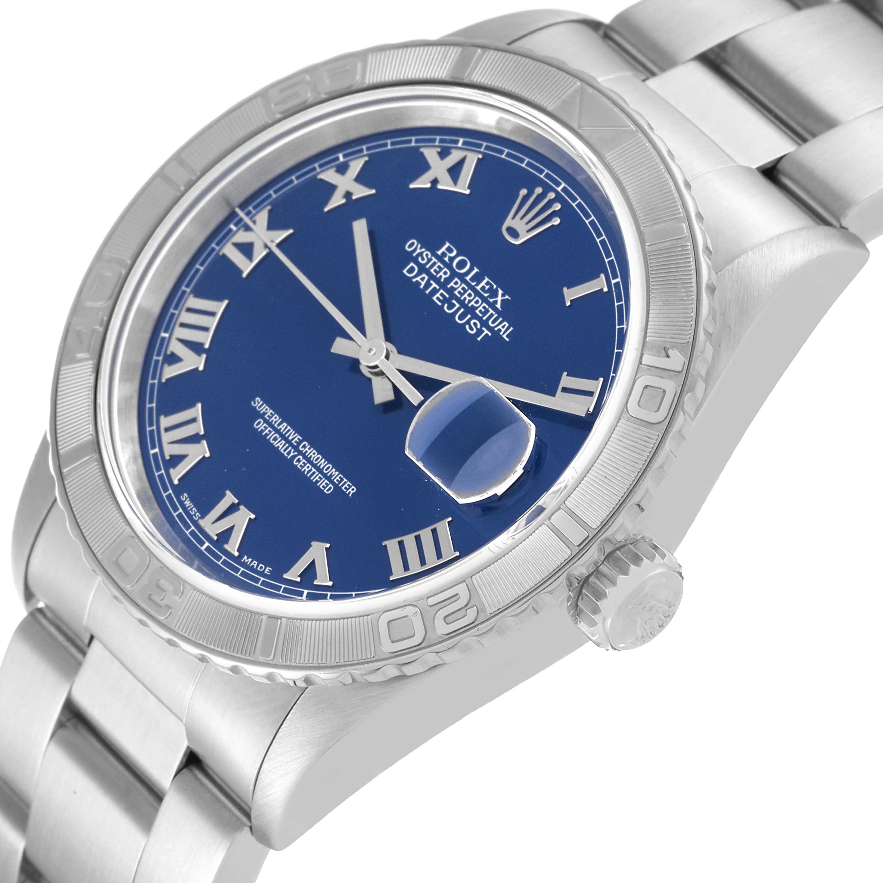 The Rolex Turn-o-Graph 16264 Men
s Stainless Steel Blue Dial 16264 Men
s Stainless Steel Blue Dial watch is shown from an angled close-up, displaying its blue dial, bezel, crown, and part of the bracelet.