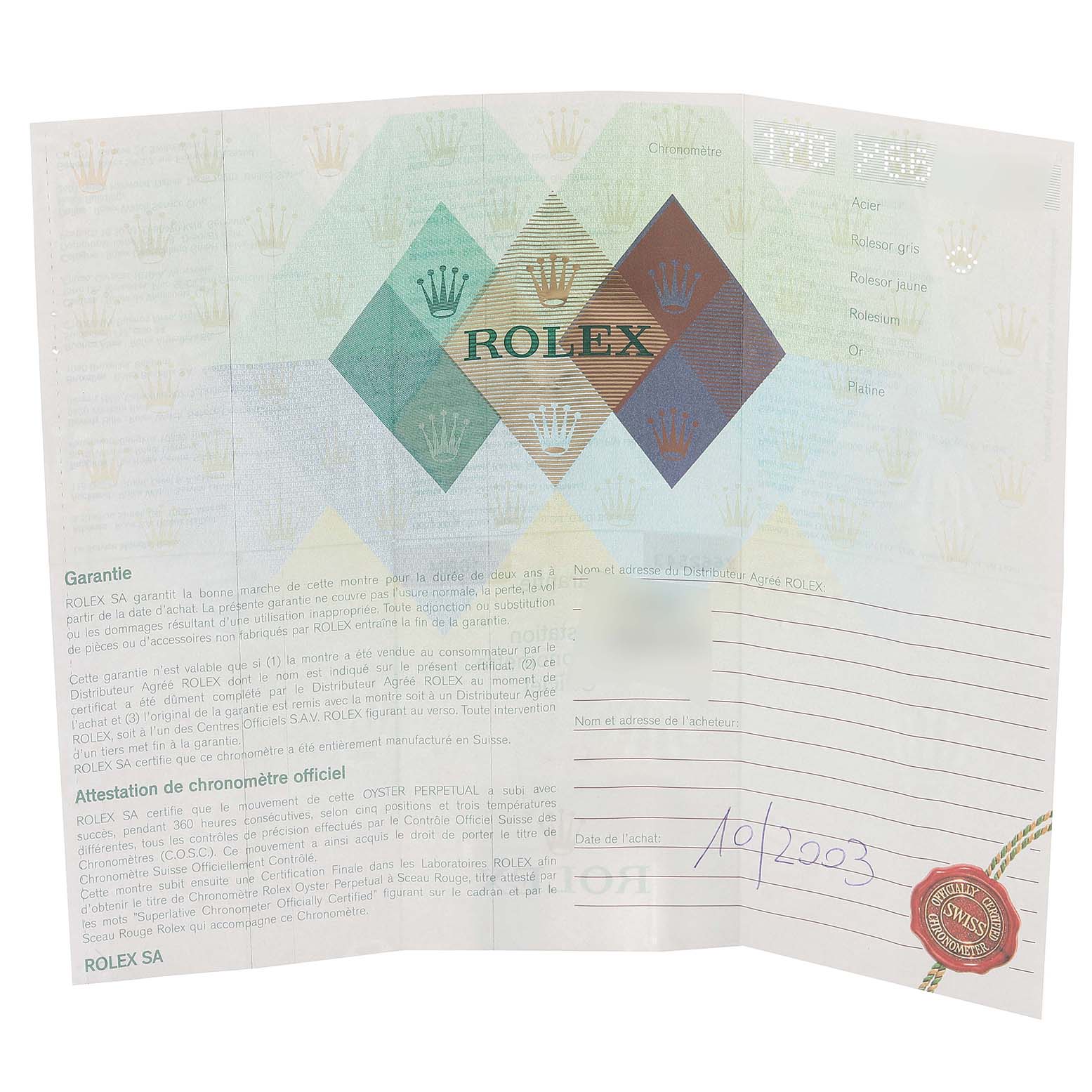 This image shows a warranty certificate for a Rolex Turn-o-Graph 16264 Men
s Stainless Steel Blue Dial 16264 Men
s Stainless Steel Blue Dial watch, unfolded and photographed directly from the front.