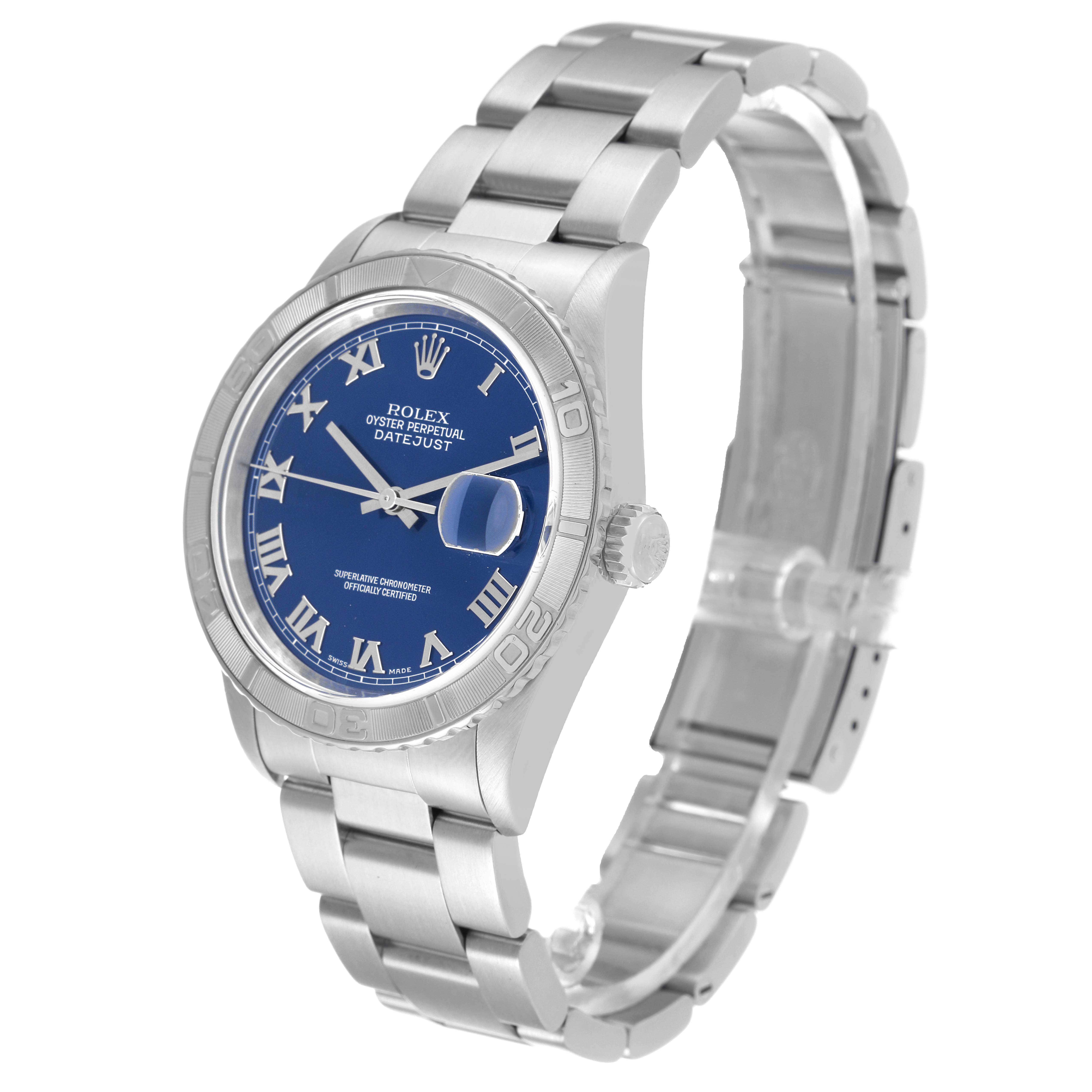 The image shows a Rolex Turn-o-Graph 16264 Men
s Stainless Steel Blue Dial 16264 Men
s Stainless Steel Blue Dial watch from a slightly angled side view, highlighting its face, bezel, crown, and bracelet.