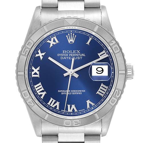 Photo of Rolex Datejust Turnograph Steel White Gold Blue Dial Mens Watch 16264 Papers